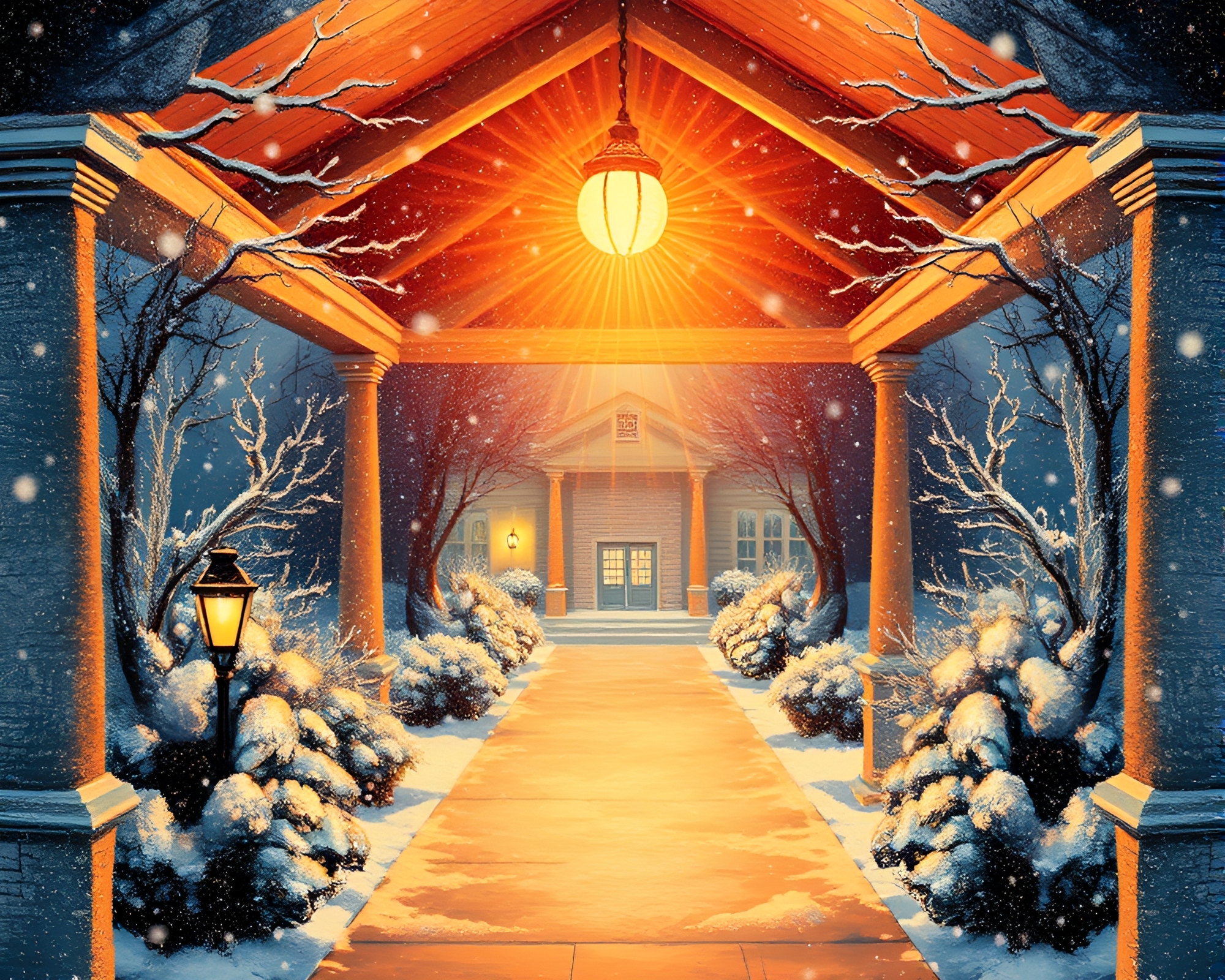 Winter Wonderland Porchlight Glow Mixed Media Art – free AI stock image