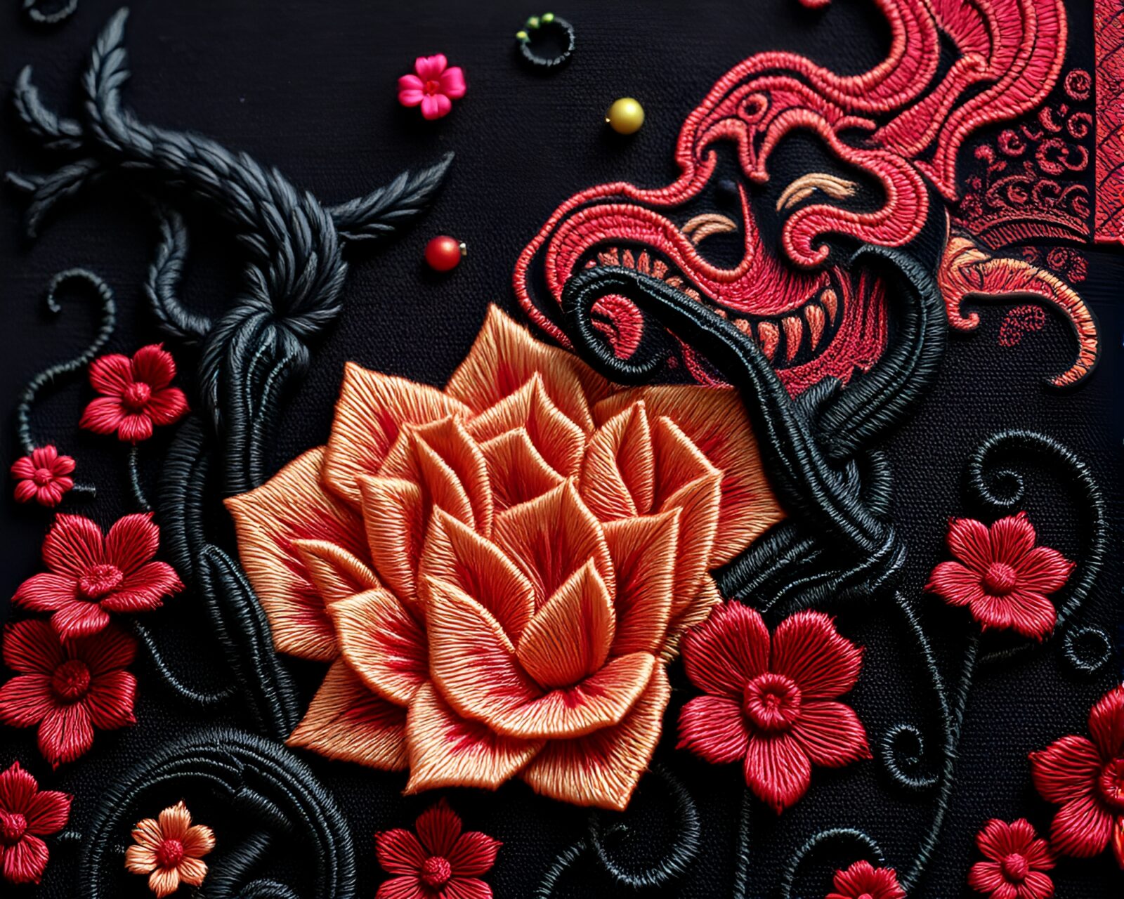 A digital bloom envelops a Lovecraftian horror depicted in detailed embroidery