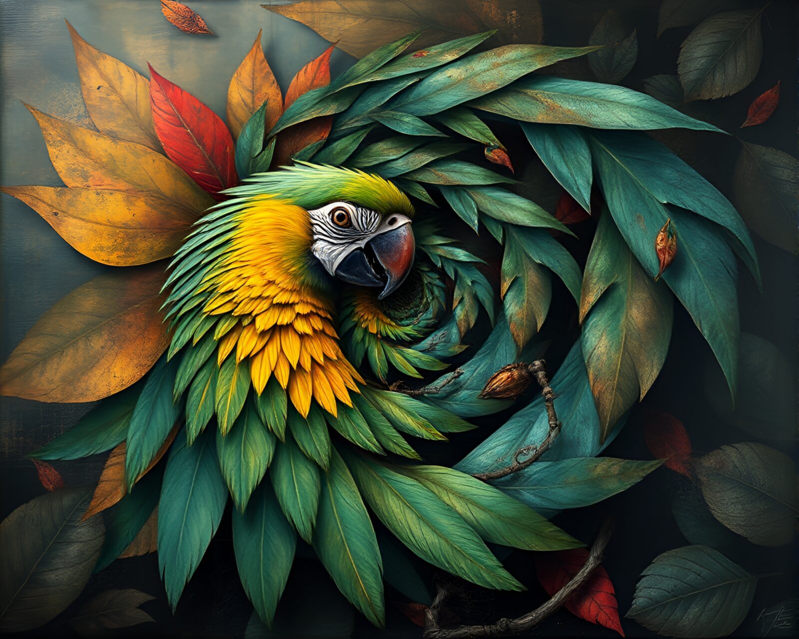 Vibrant parrot surrounded by dark shadows in twisted arrangement