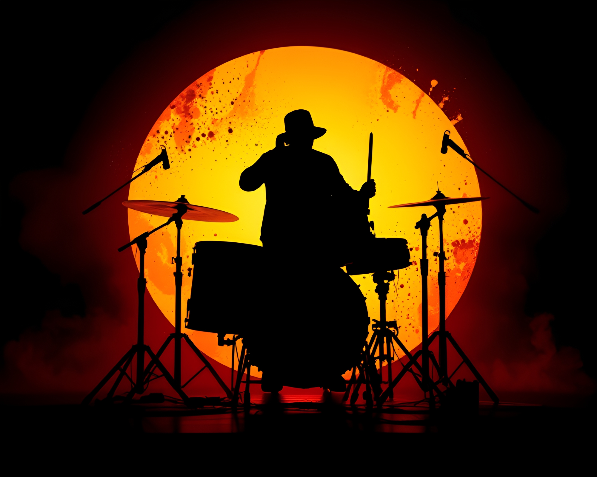 Ink Splashes Drum Silhouette: Matte Backlit Fantasy – free AI stock image