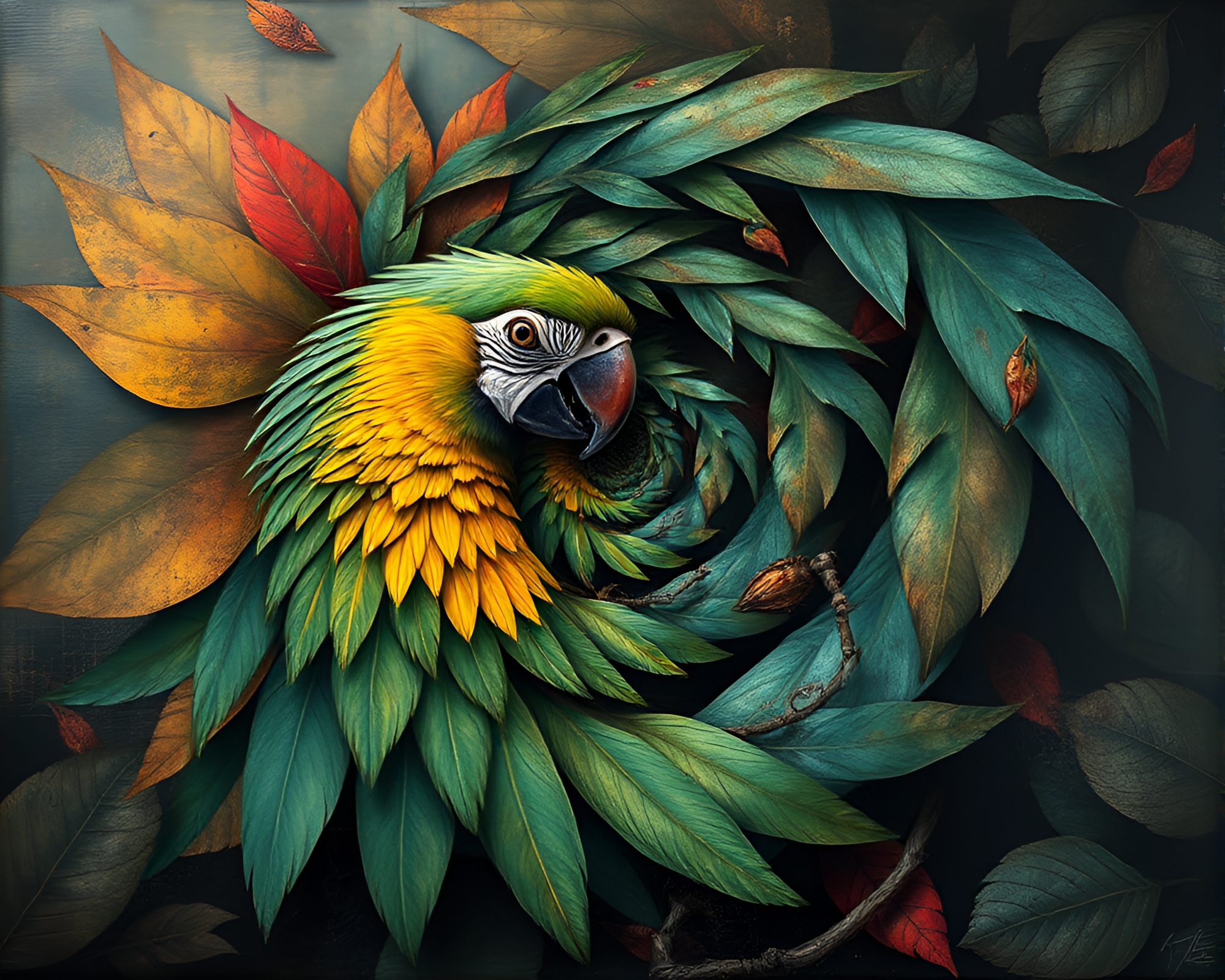 Spiral Composition: Tropical Parrot in Necromantic Shade – free AI stock image