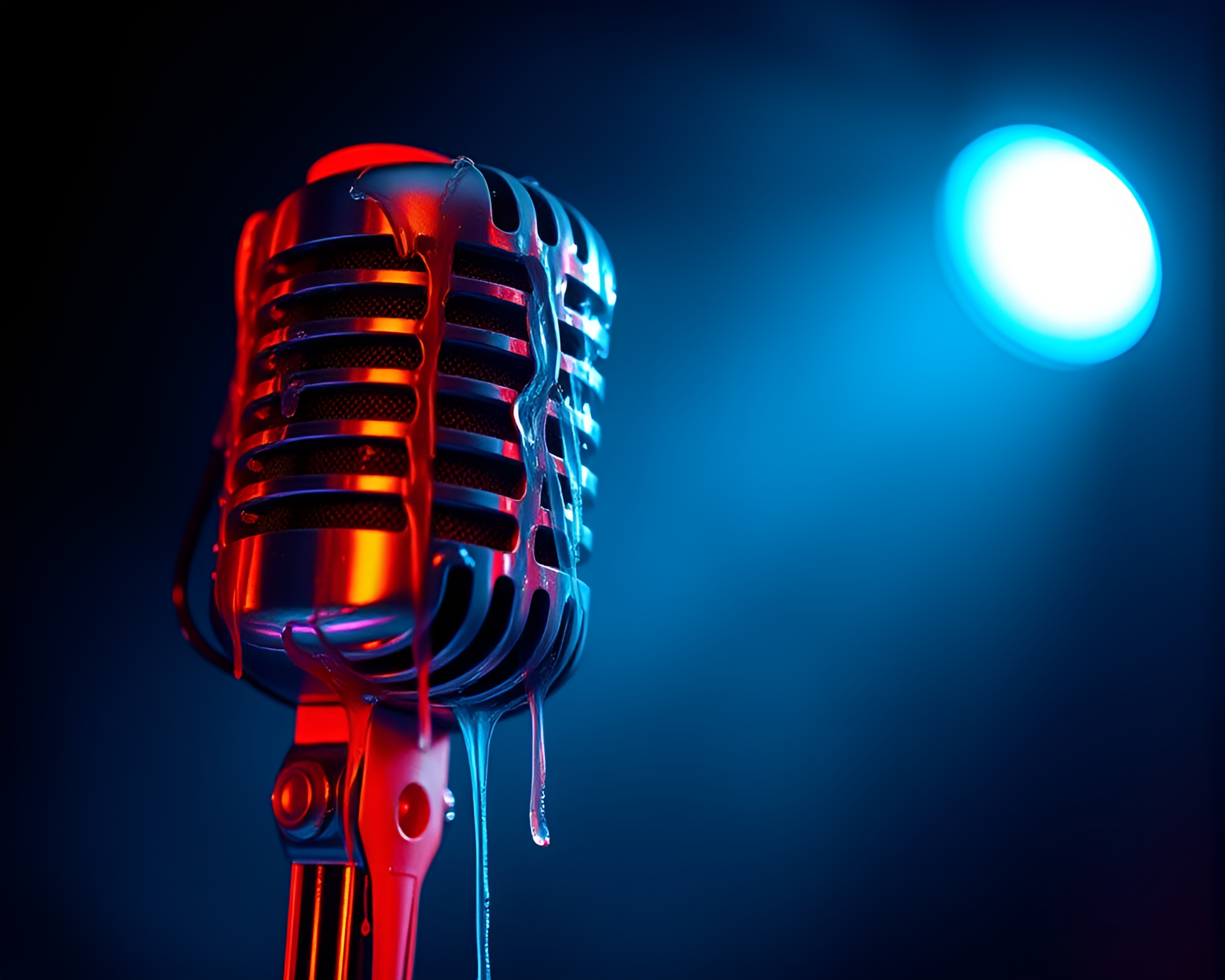 Mesmerizing Blue Hour Microphone Paint Drips Composition – free AI stock image