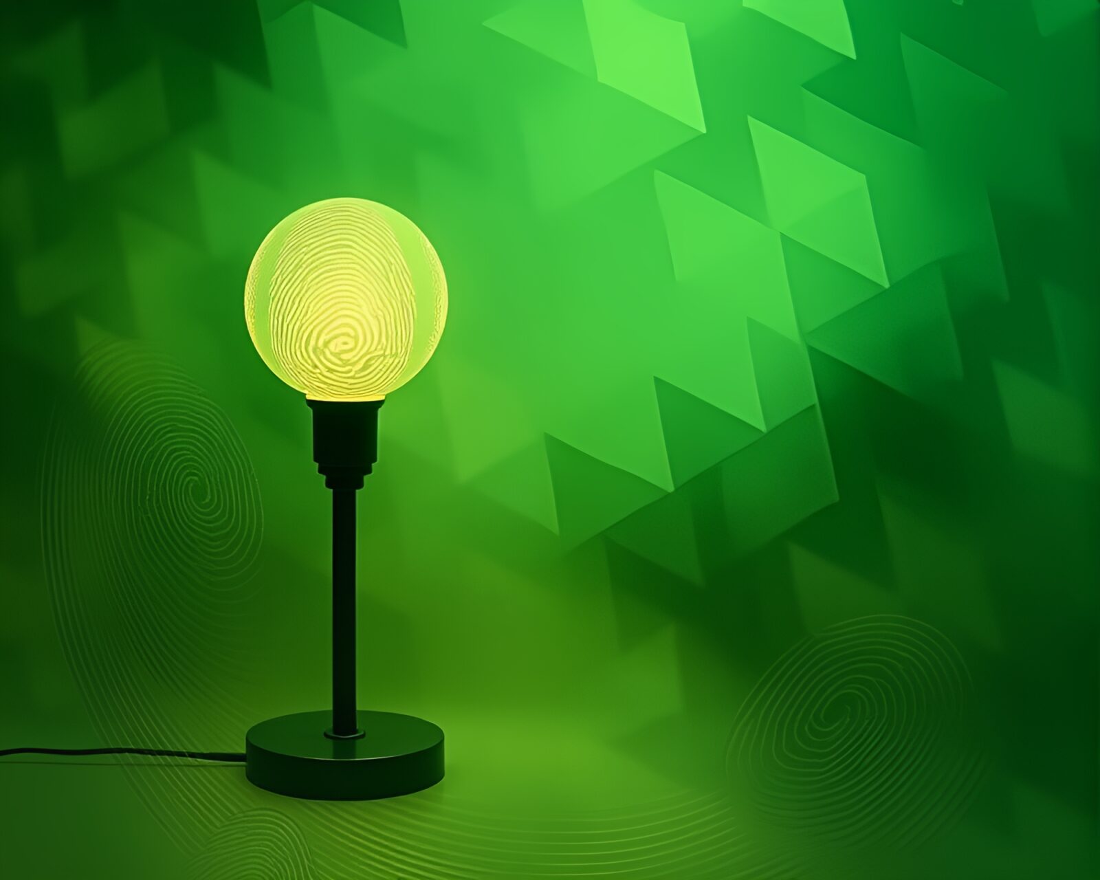 Intricate fingerprint design with geometric shapes under green light