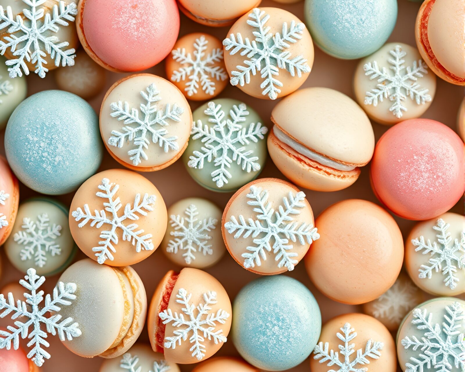 Halftone pattern of colorful macarons on a snowflake background