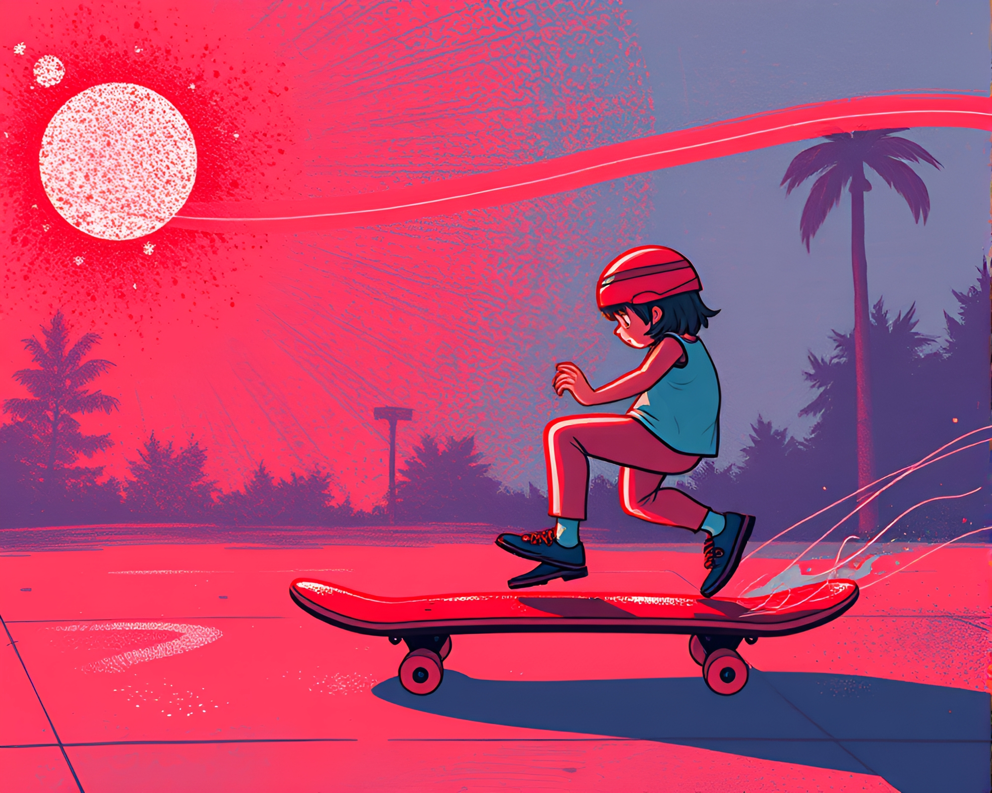 Whimsical Skateboard Adventure Through Ruby Light Leaks – free AI stock image