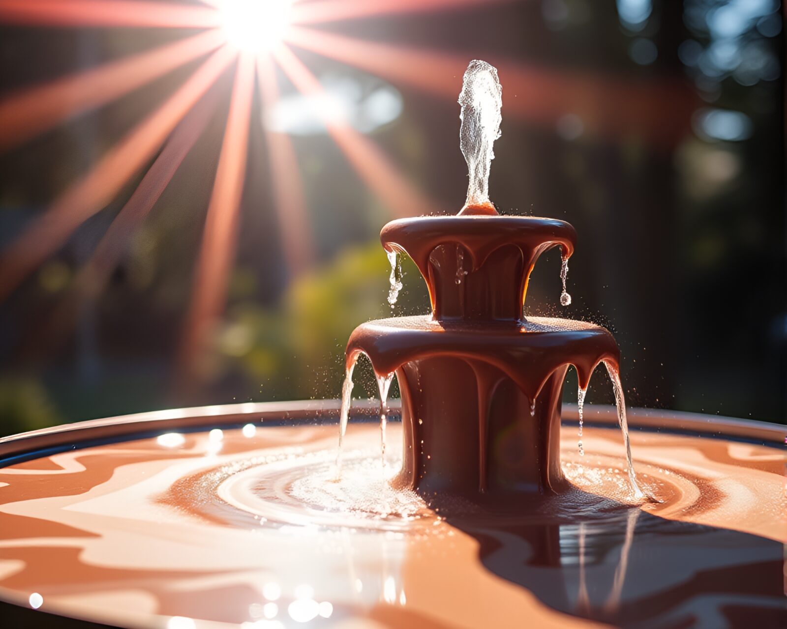 Dynamic chocolate fountain under lens sunburst lighting effects