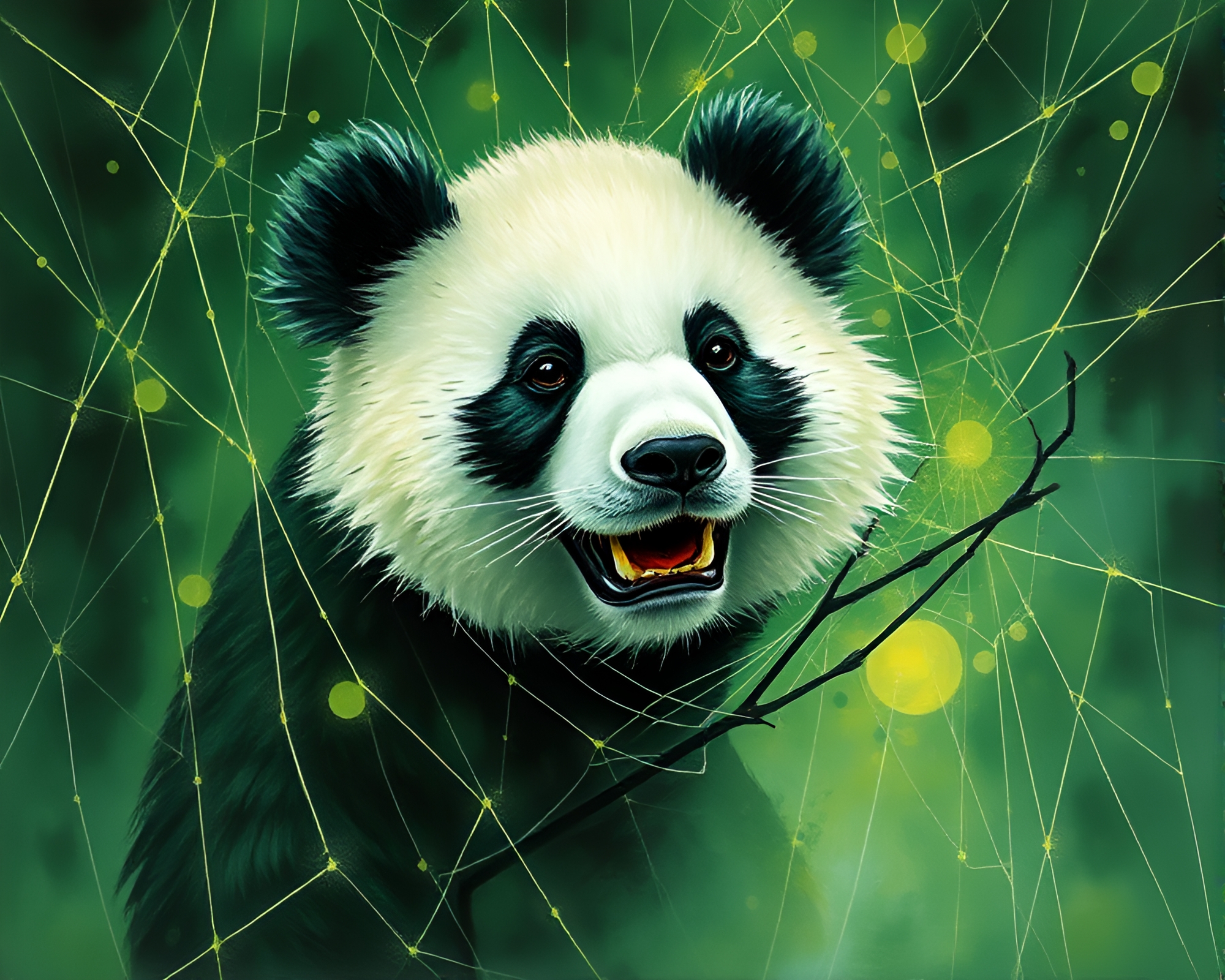 Enchanting Panda Encased in Emerald Cobweb Fresco – free AI stock image