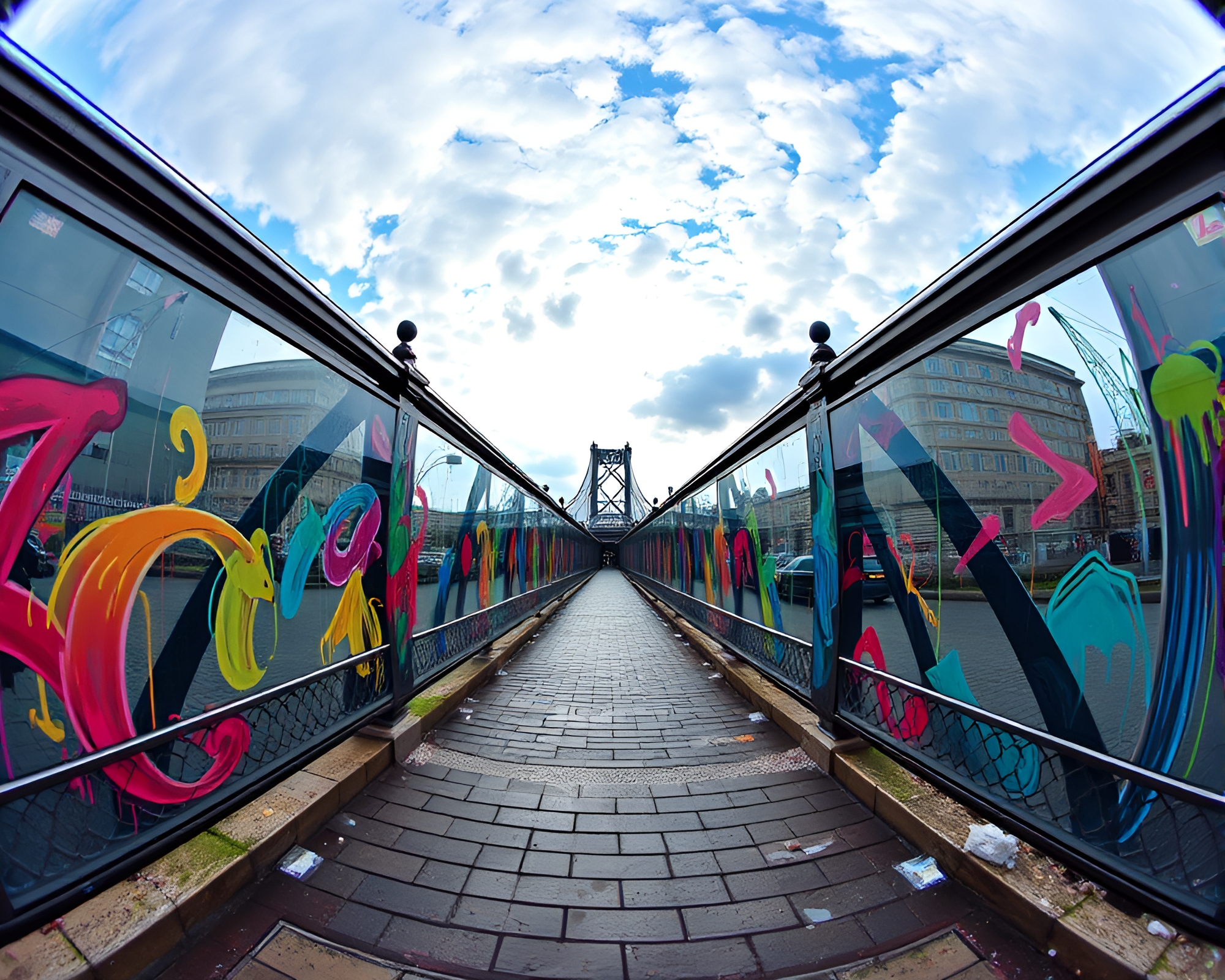 Stereoscopic Glass Bridge in Pastel Graffiti Fantasy – free AI stock image