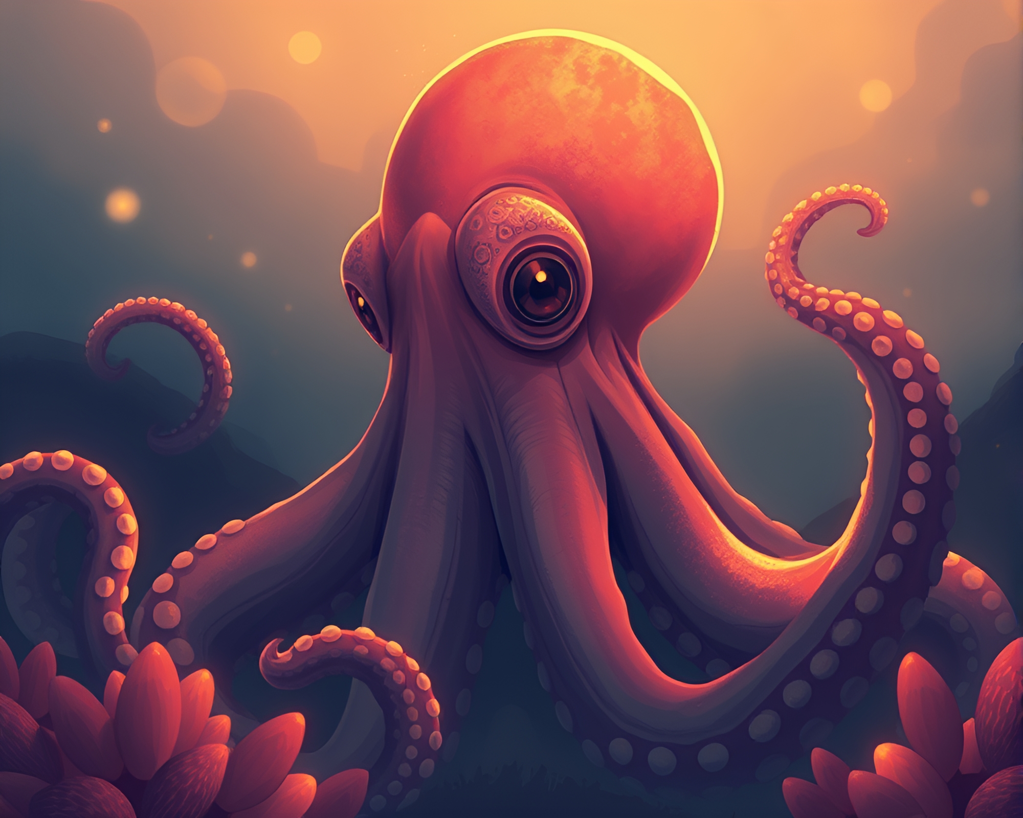 Majestic Octopus in Warm Fantasy Glow – free AI stock image