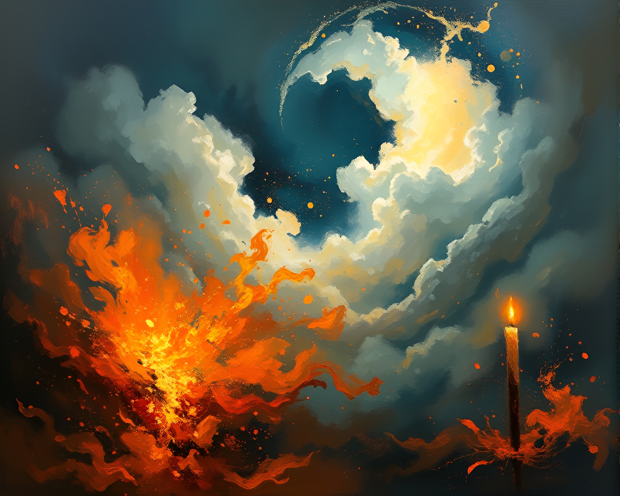 Elf witnessing explosive magical cloud in candlelit ambiance – free AI stock image