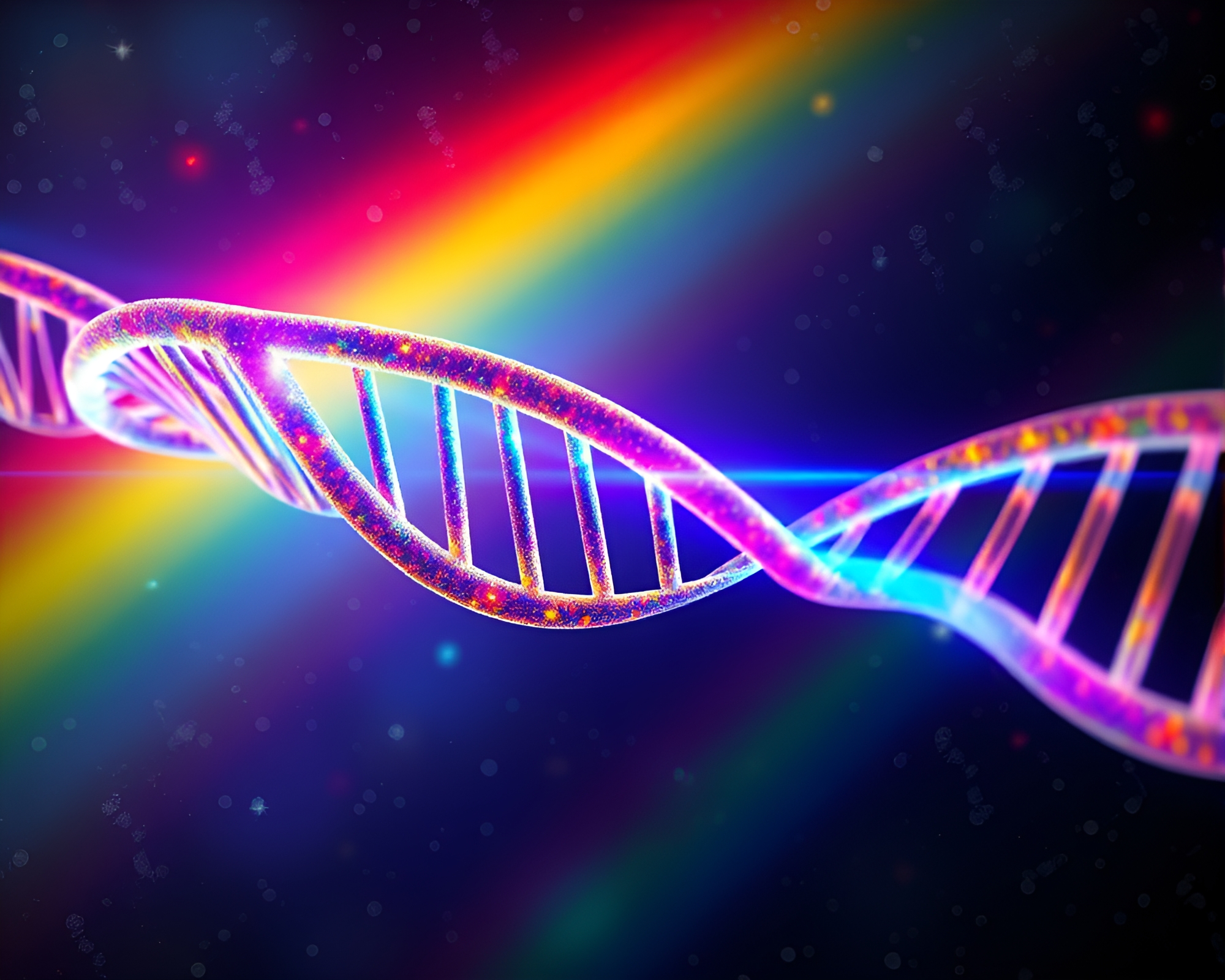 Rainbow DNA Helix in Cyberpunk Cosmic Nebula – free AI stock image