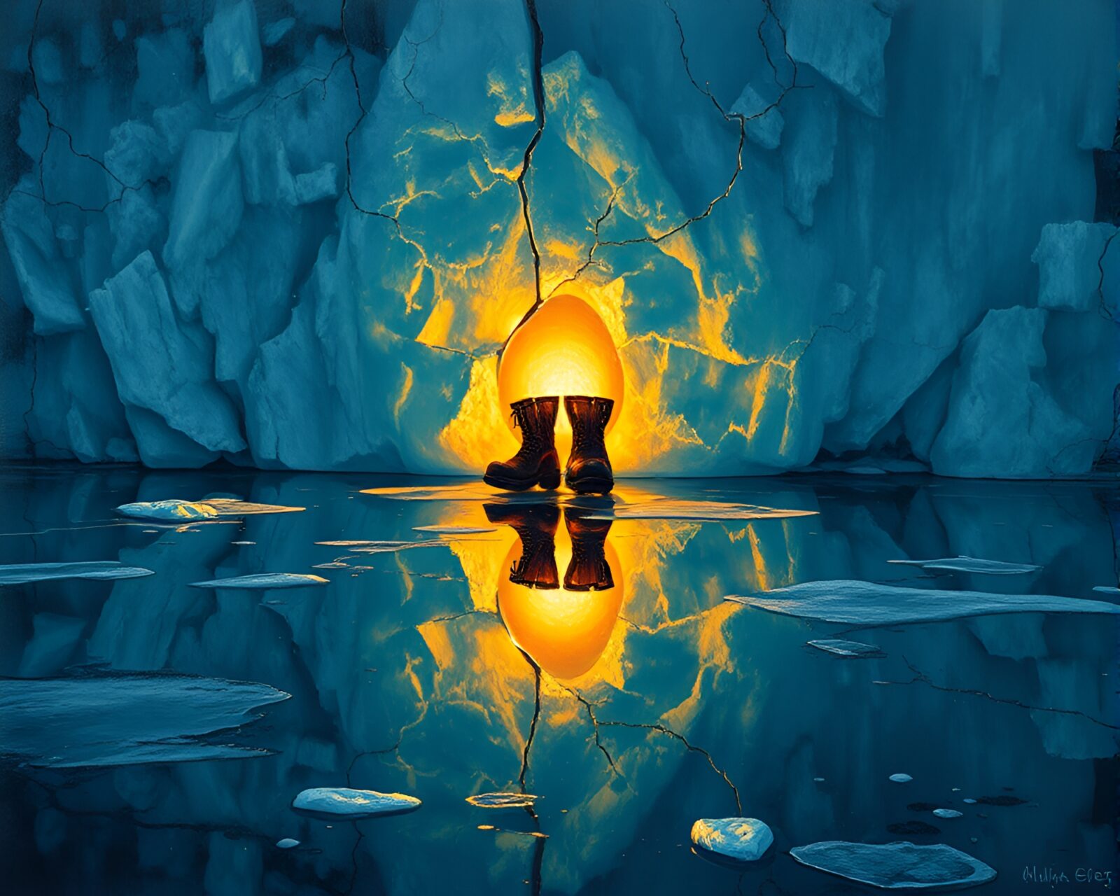 Mosaic lighting illuminating gravity boots on cracked ice