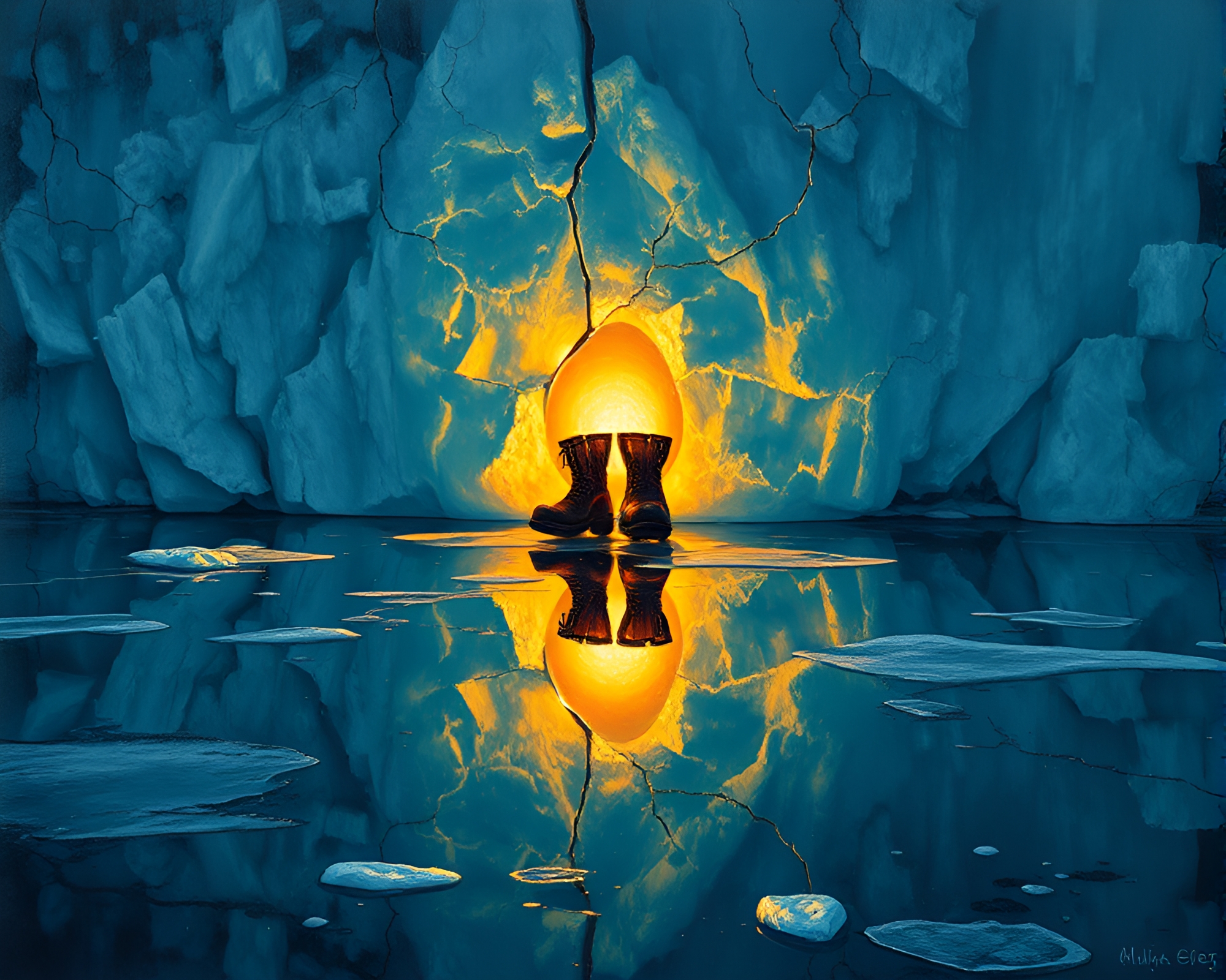 Gravity Boots on Ice Reflection Crack – free AI stock image