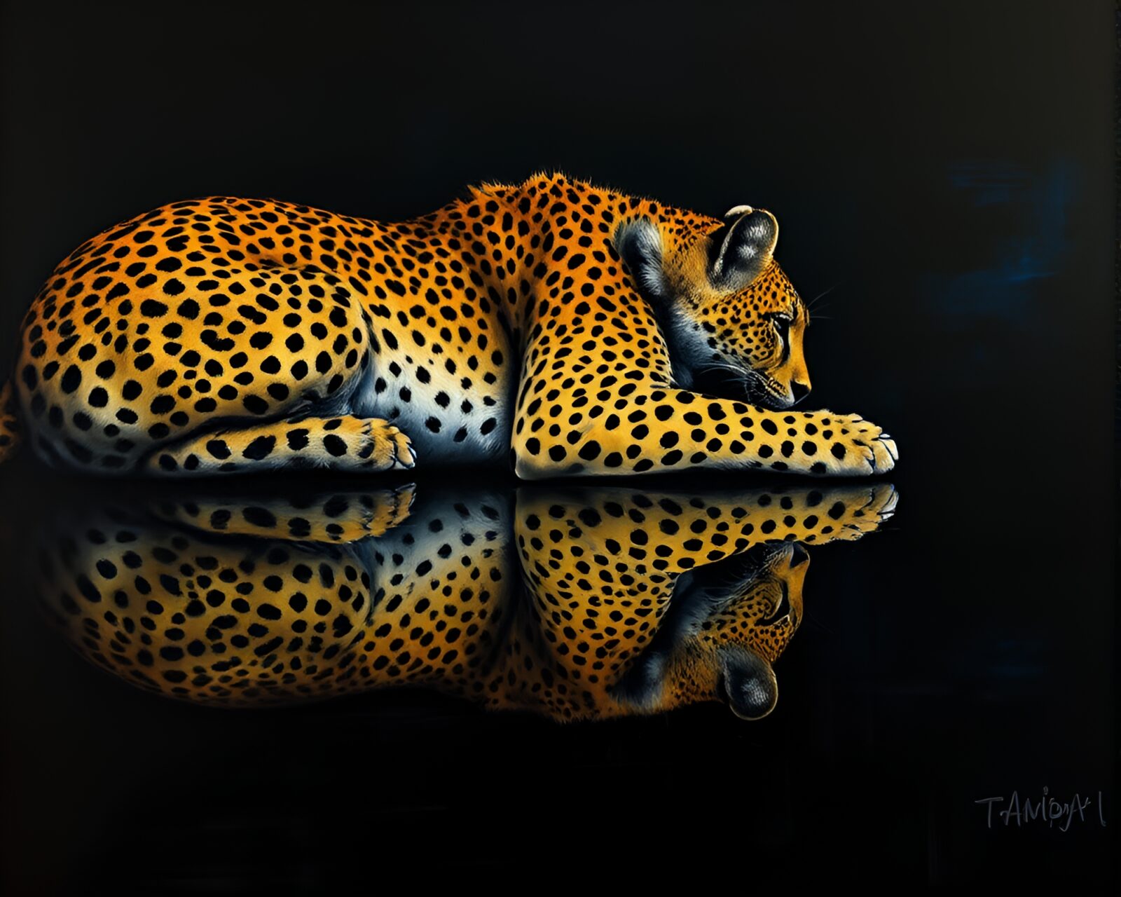 Majestic cheetah reflected in mysterious underlit acrylic artwork