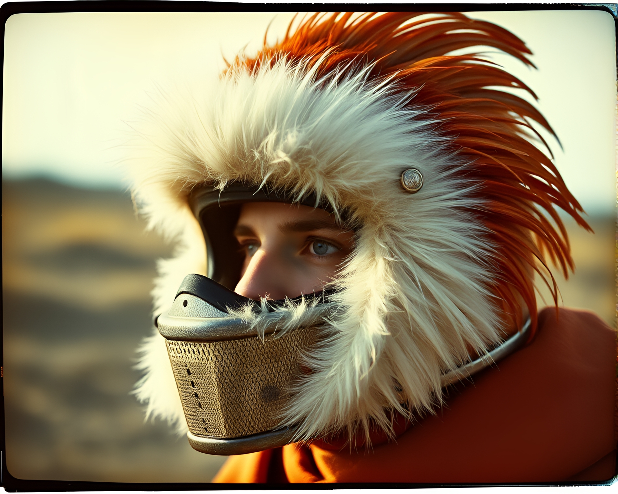 Feather Dusting Warrior in Vintage Helmet – free AI stock image