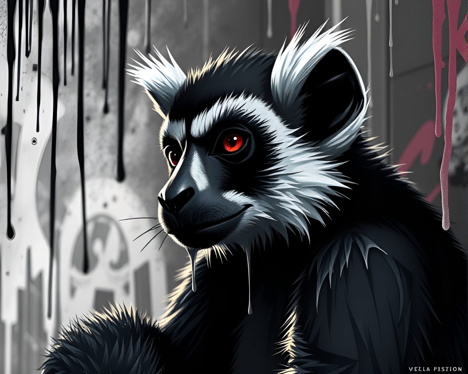 A CGI-rendered lemur amidst dripping graffiti in high-contrast noir tones.
