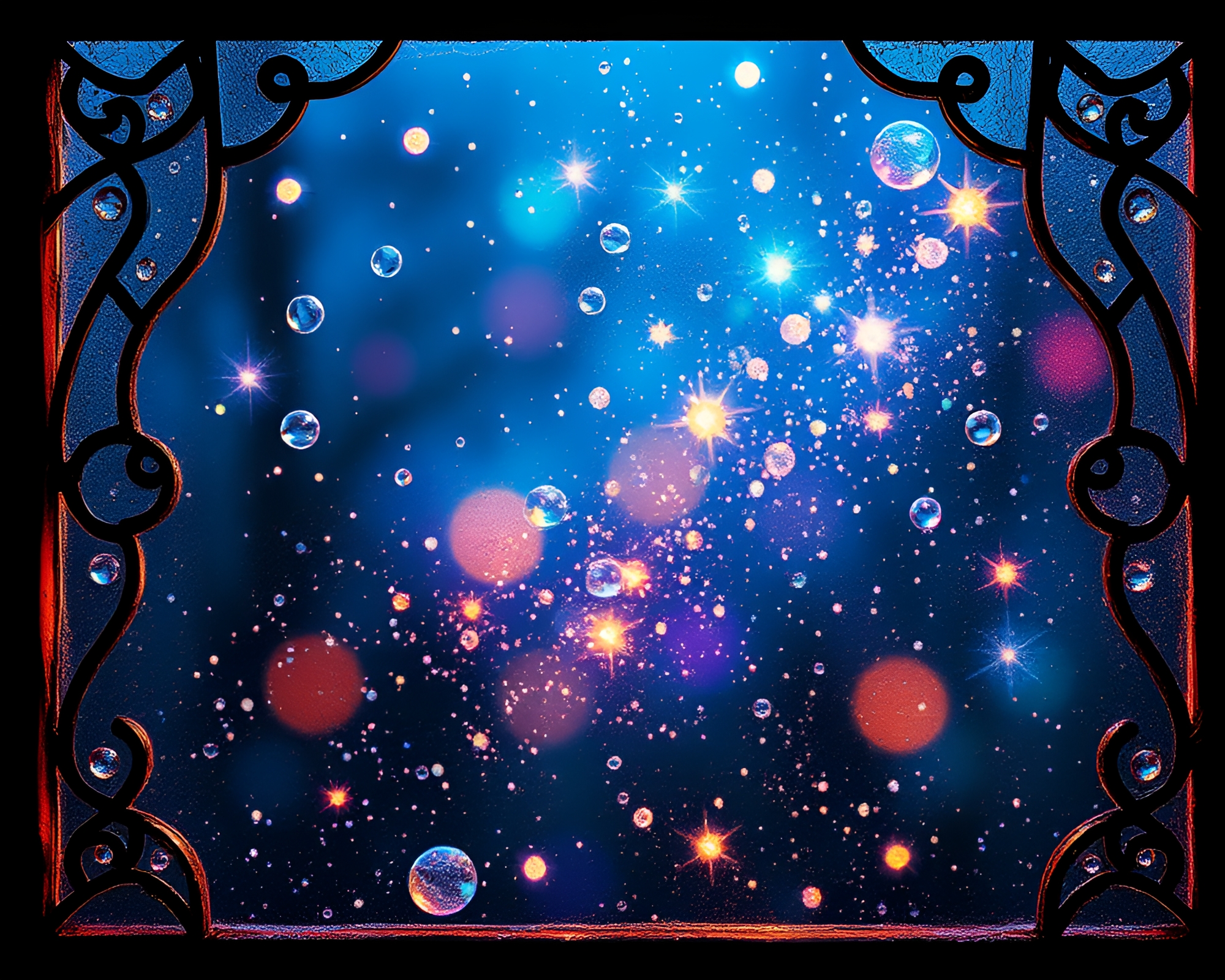 Stained-Glass Water Droplets with Fairy Light Sparkle – free AI stock image