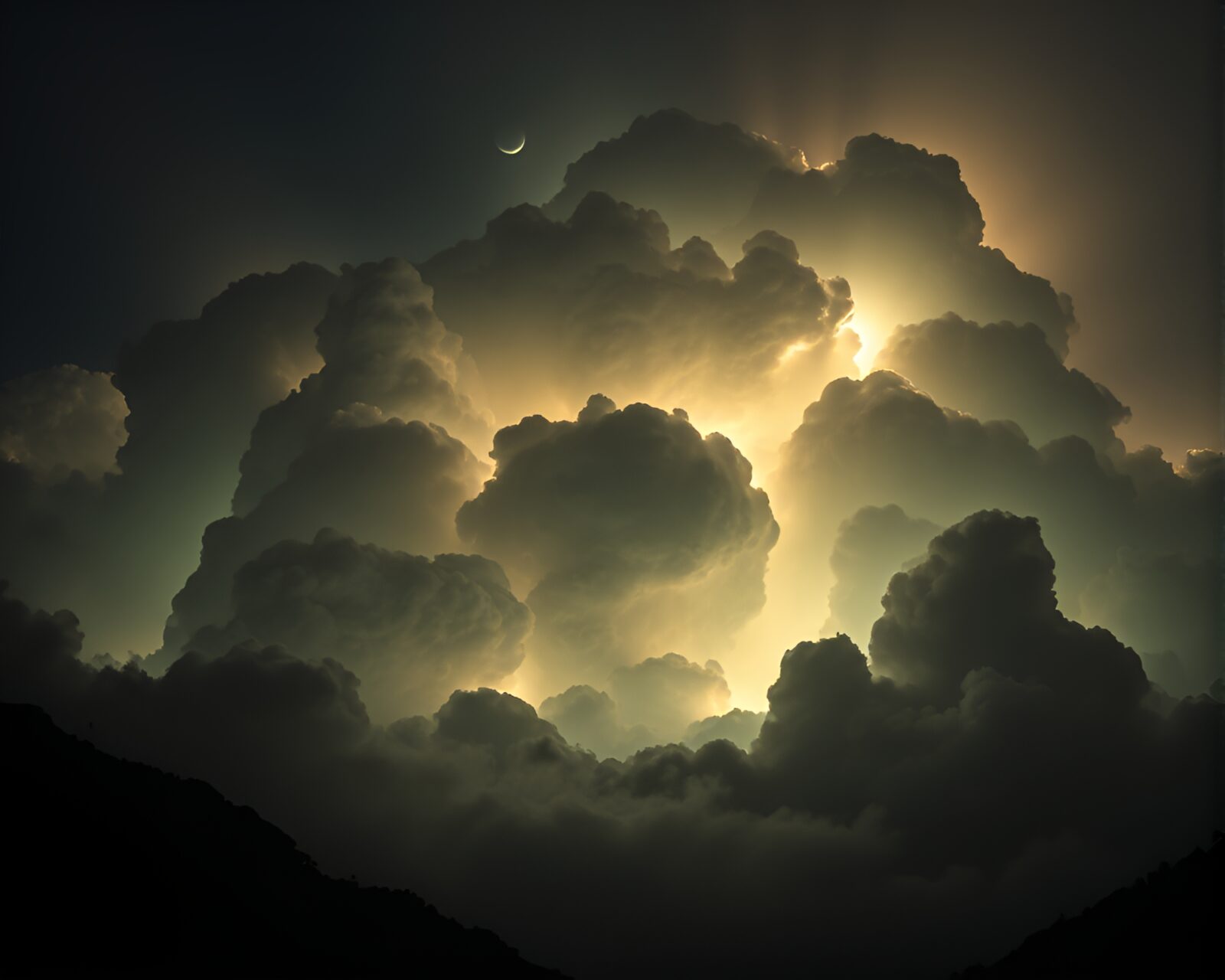 Enchanting Golem amidst glowing clouds with intricate hatching details