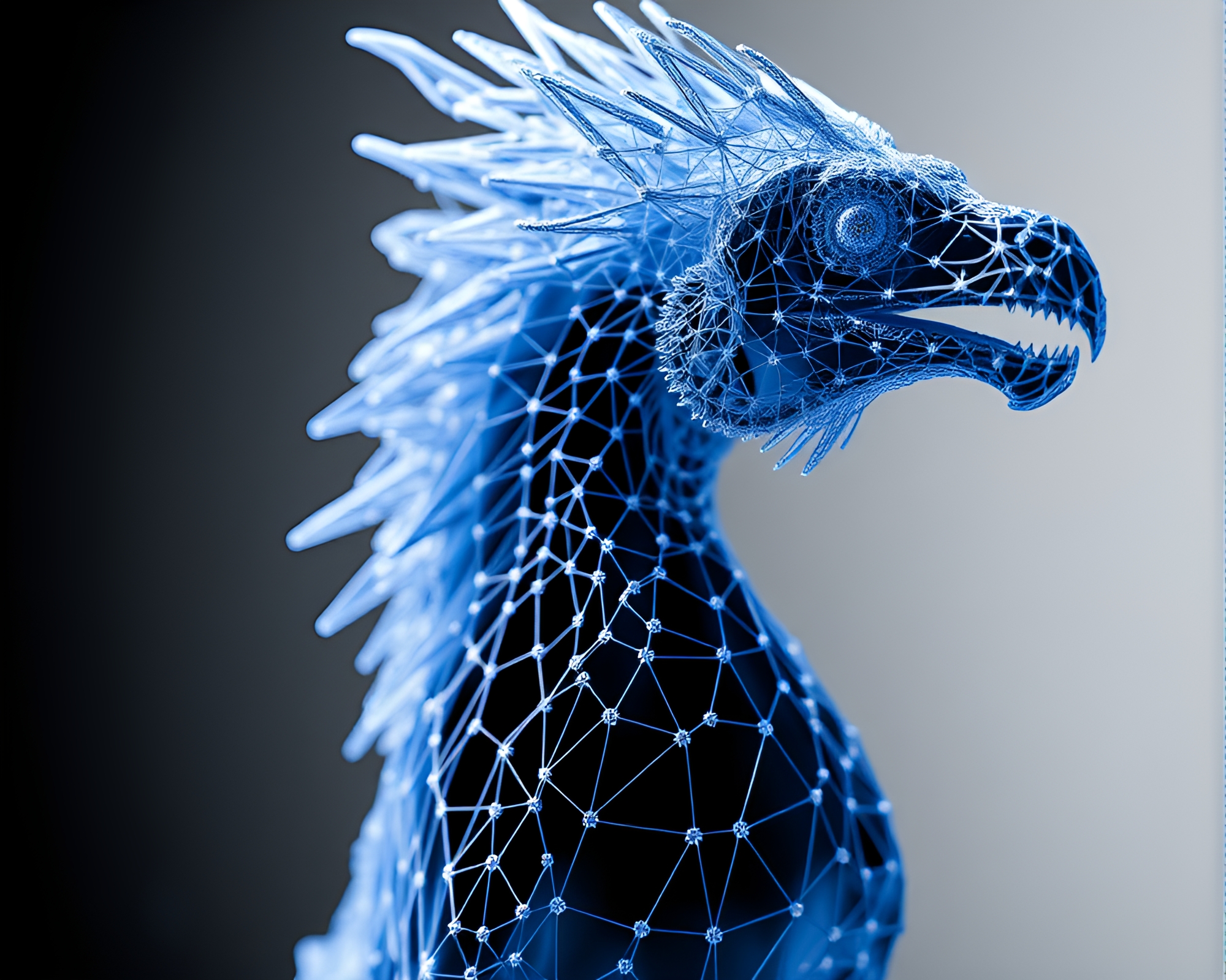 Monochrome Blue Chimera Emerges From Wireframe Abyss – free AI stock image