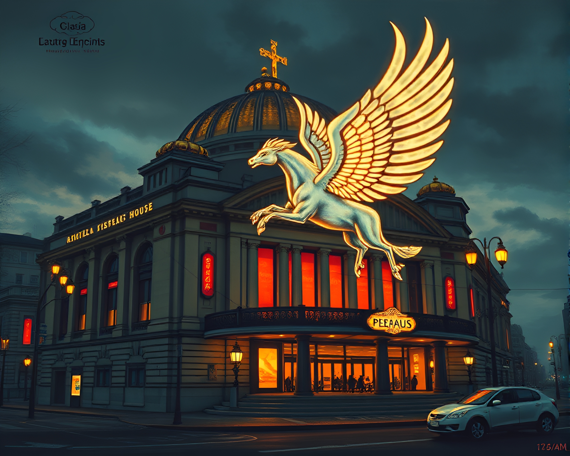 Glowing Street Art: Pegasus Opera House Vignette – free AI stock image