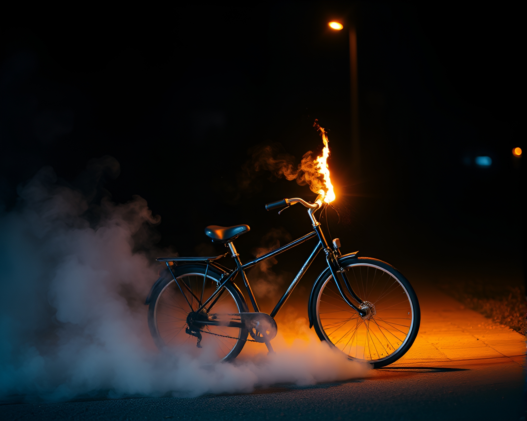 Smoke Plume Swirls in Torchlit Bicycle Scene – free AI stock image