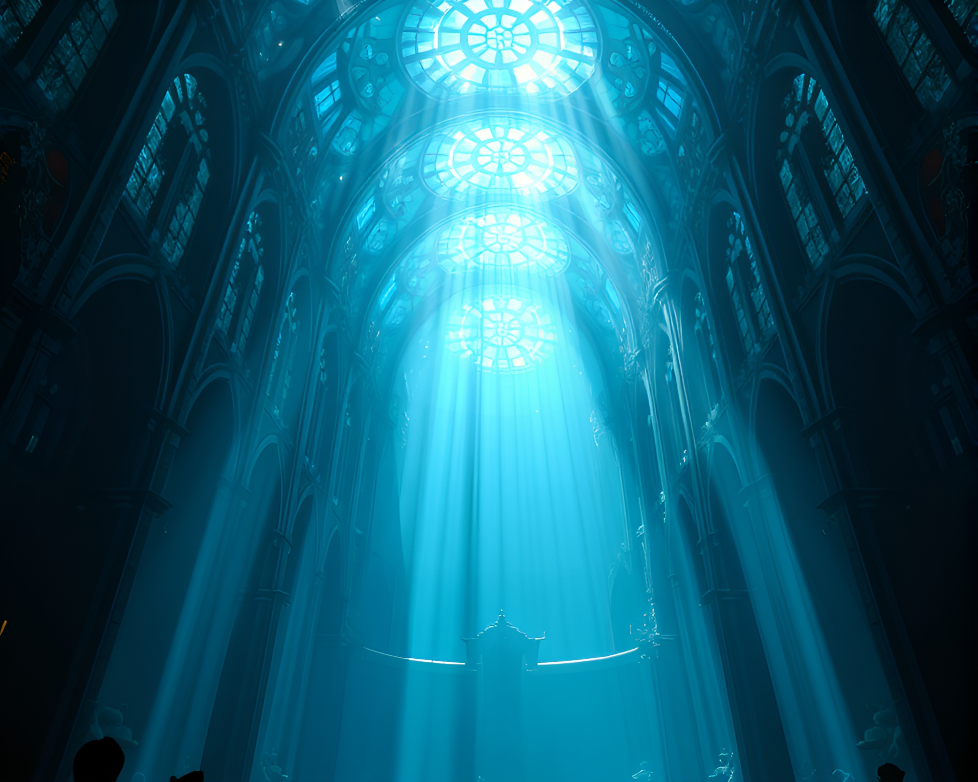Submarine Exploring Underwater Cathedral with Stained Glass Lighting – free AI stock image