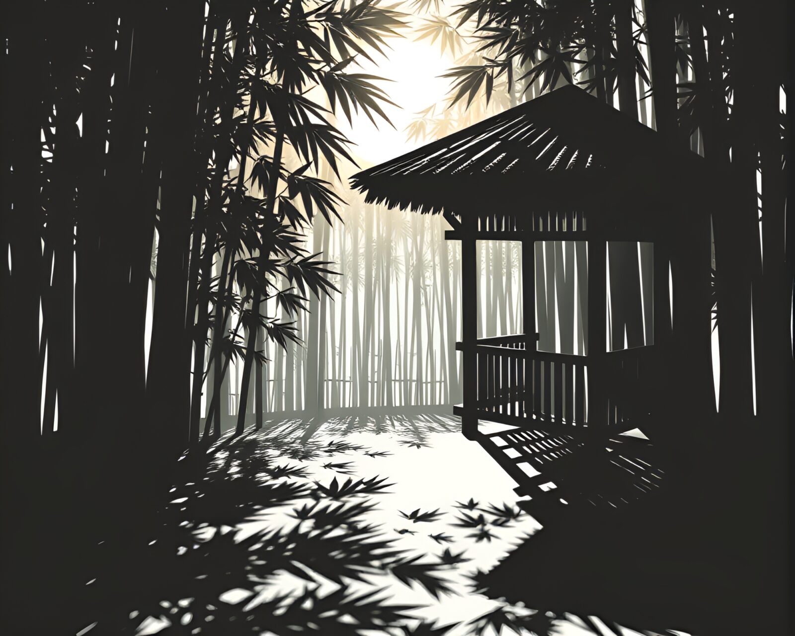 Bamboo hut with halftone pattern under eclipse shadow