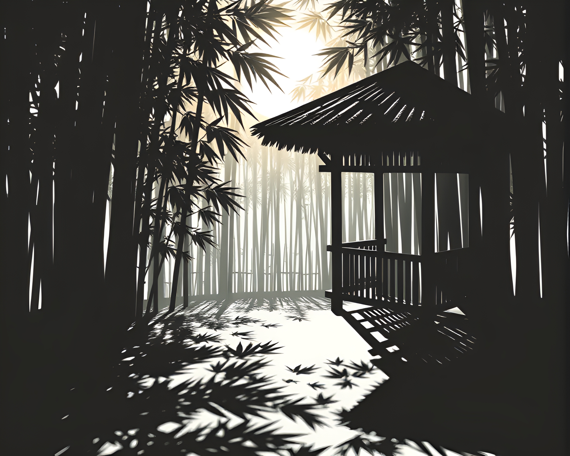 Bamboo Hut Leading to Eclipse Shadow – free AI stock image