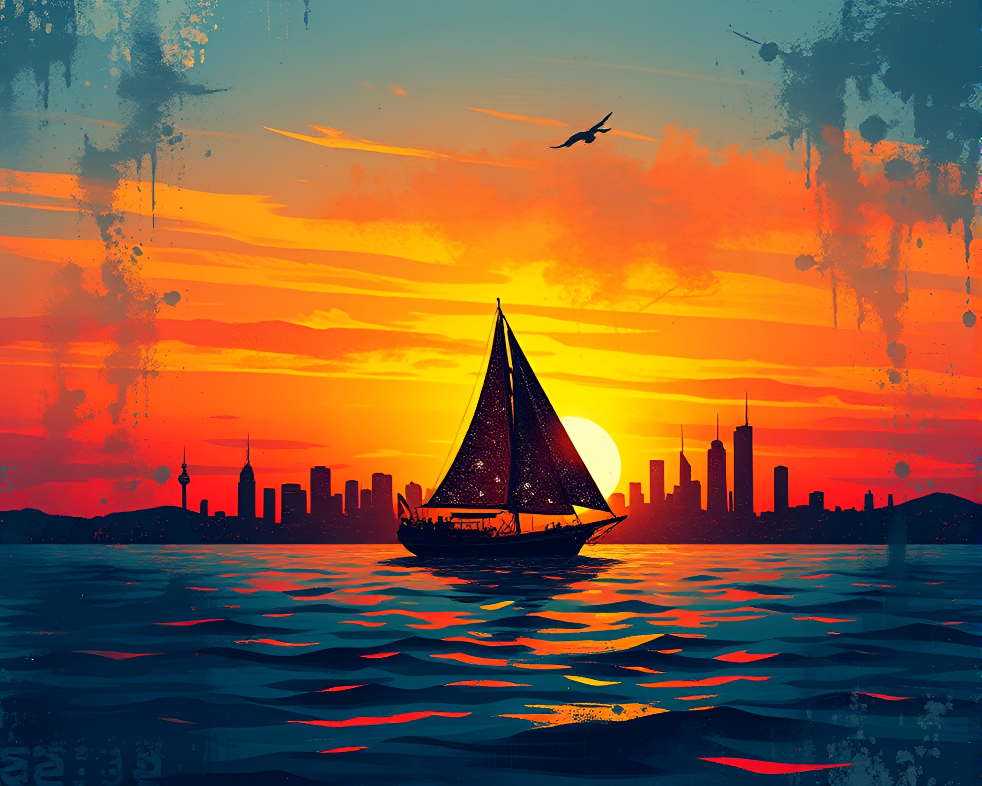 Splatter art sunset skyline with classic sailing ship – free AI stock image