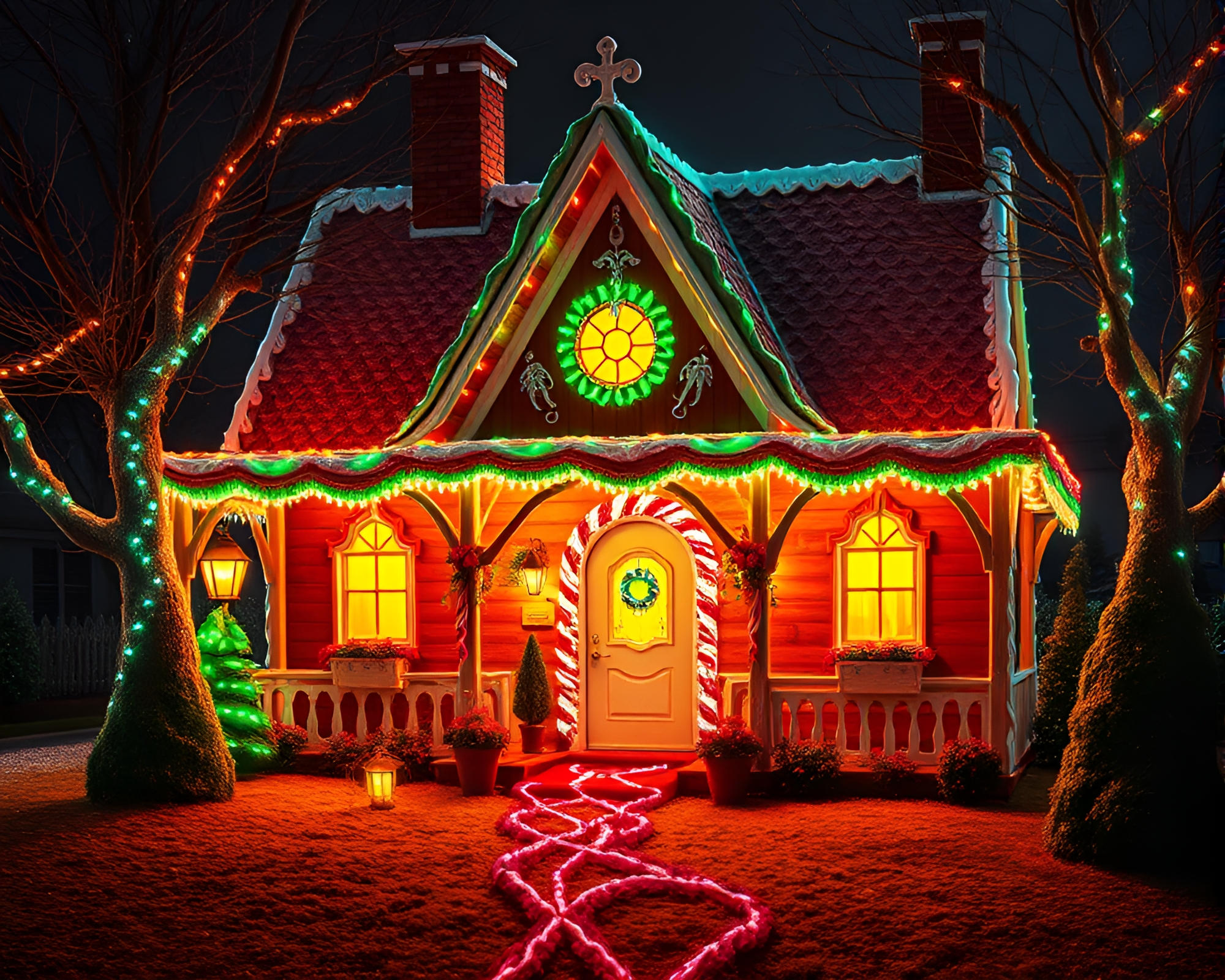Surreal Gingerbread House Illuminated by Porchlight Scan Lines – free AI stock image