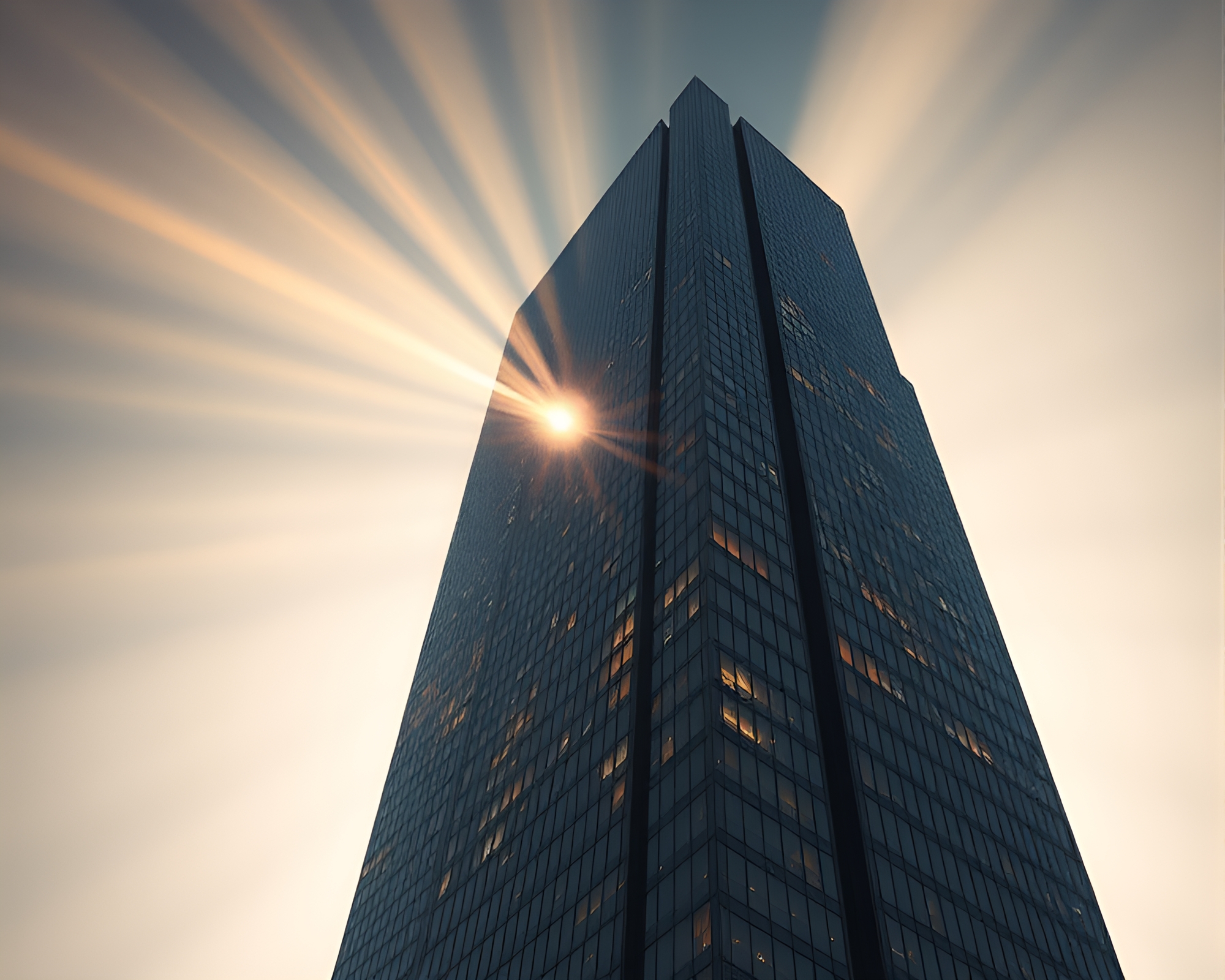 Gilded Skyscraper Reaching for Duochrome God Rays – free AI stock image