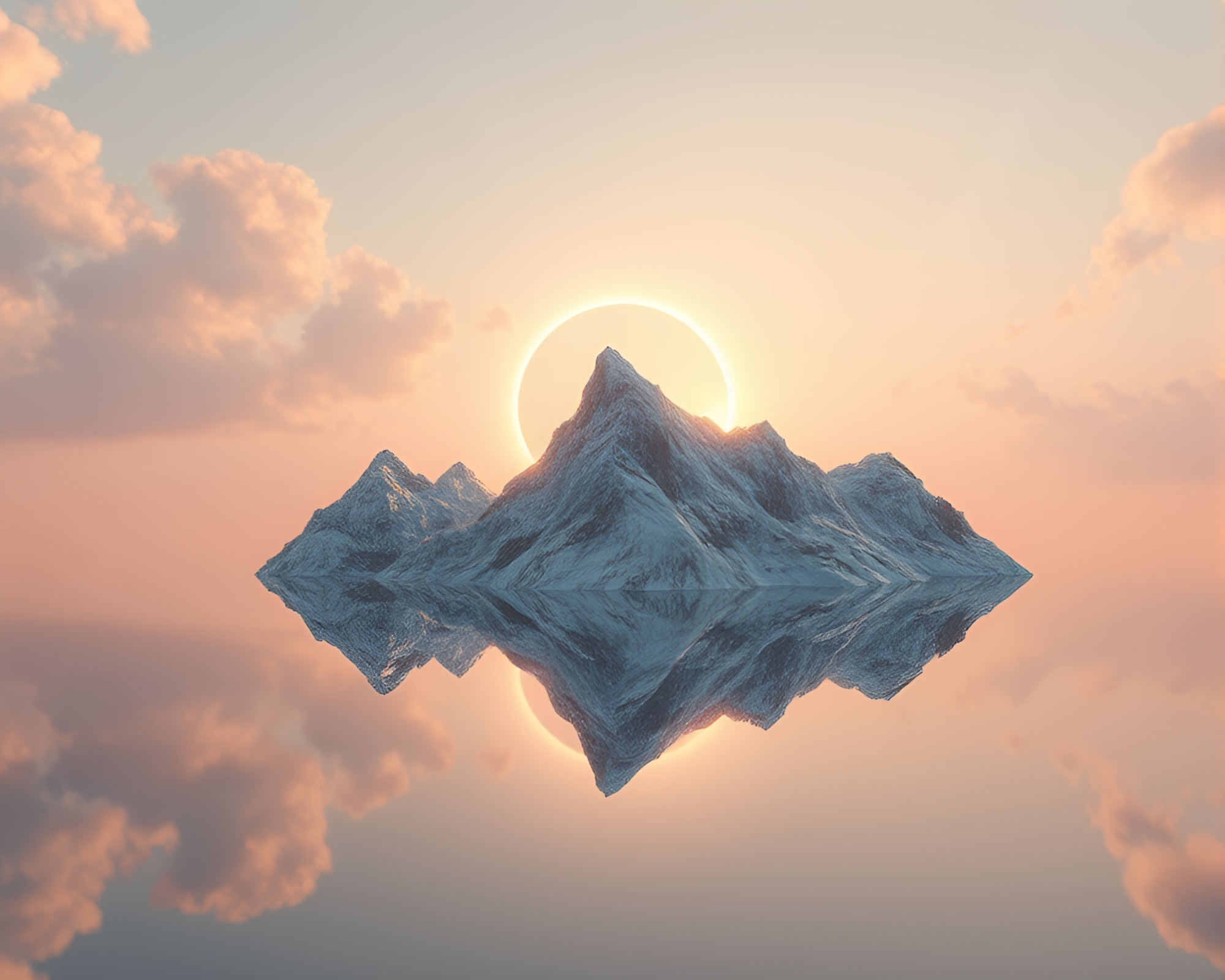 Chrome Reflections Fantasy: Eclipse Shadow on Floating Island – free AI stock image