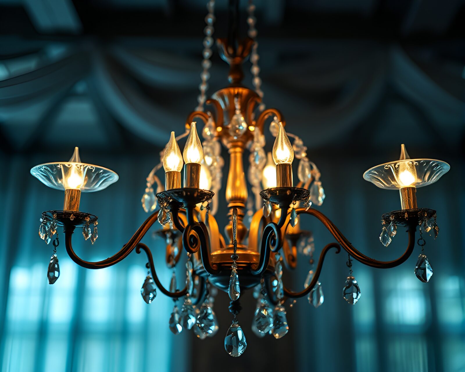 Ethereal holographic Victorian chandelier in faded denim setting