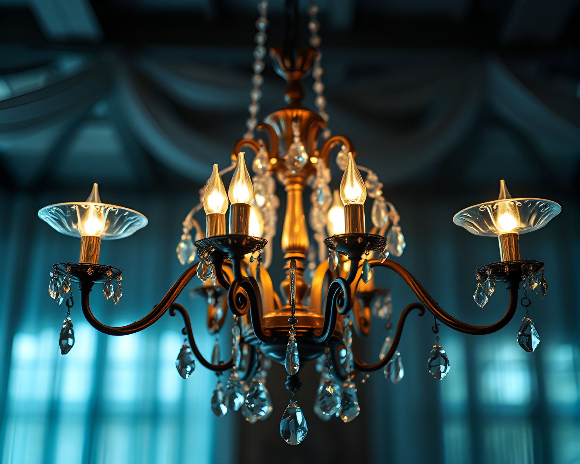Victorian Chandelier in Holographic Denim Glow Composition – free AI stock image