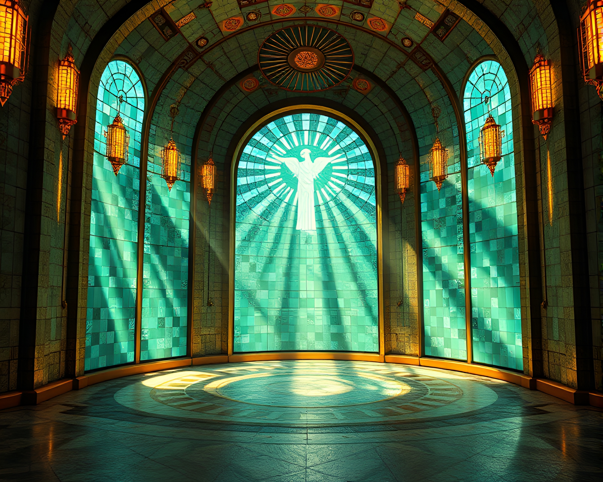 Art Deco Hotel Oasis with Mosaic Sunlight Layers – free AI stock image