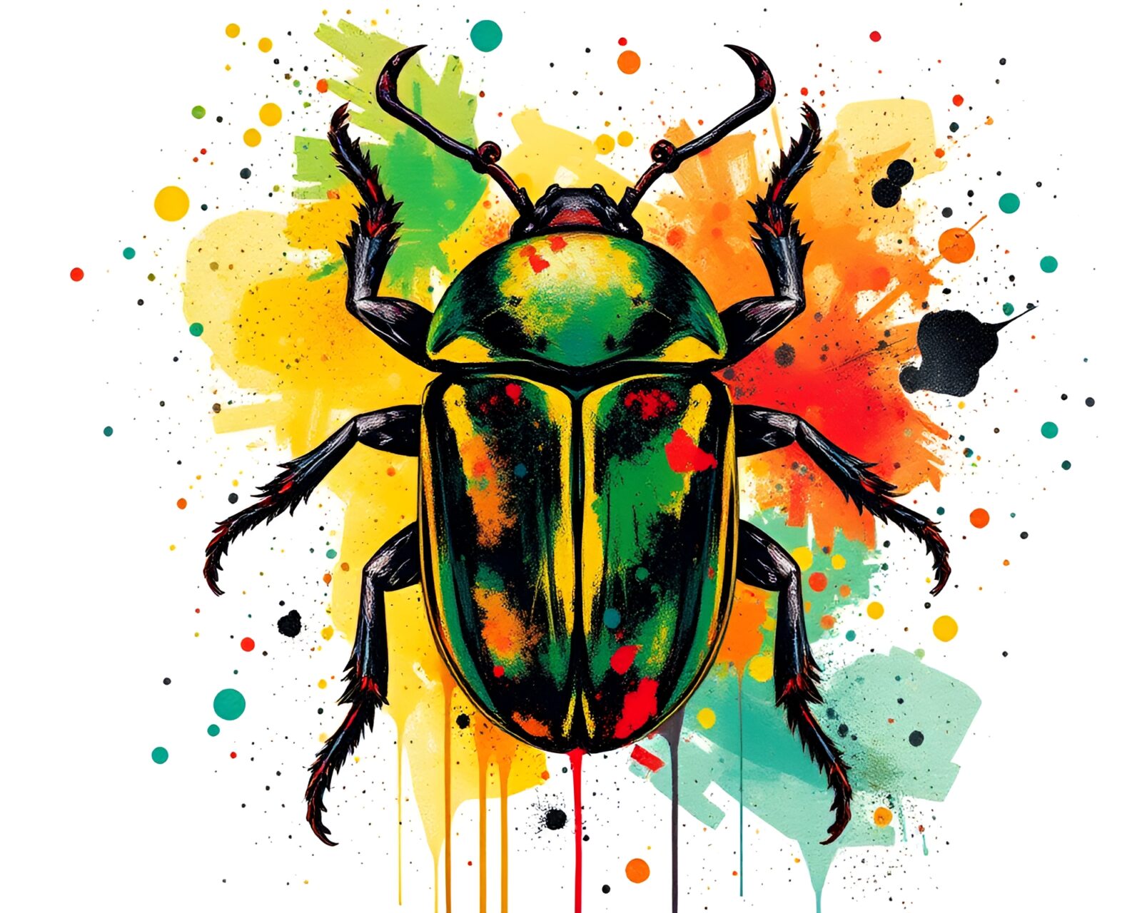 Vibrant grid overlay highlighting beetle theme with paint splatter