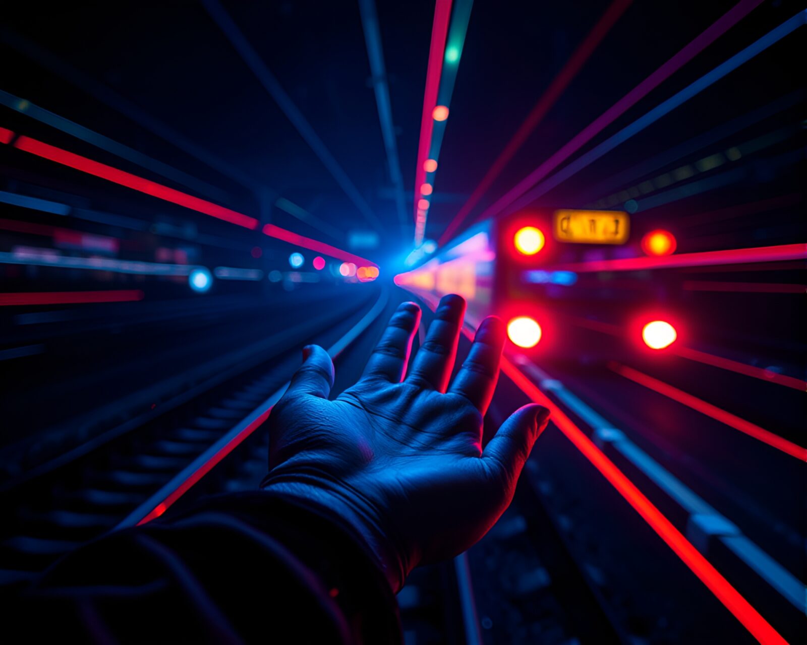 Futuristic lithograph of cybernetic hand in thermal infrared hues