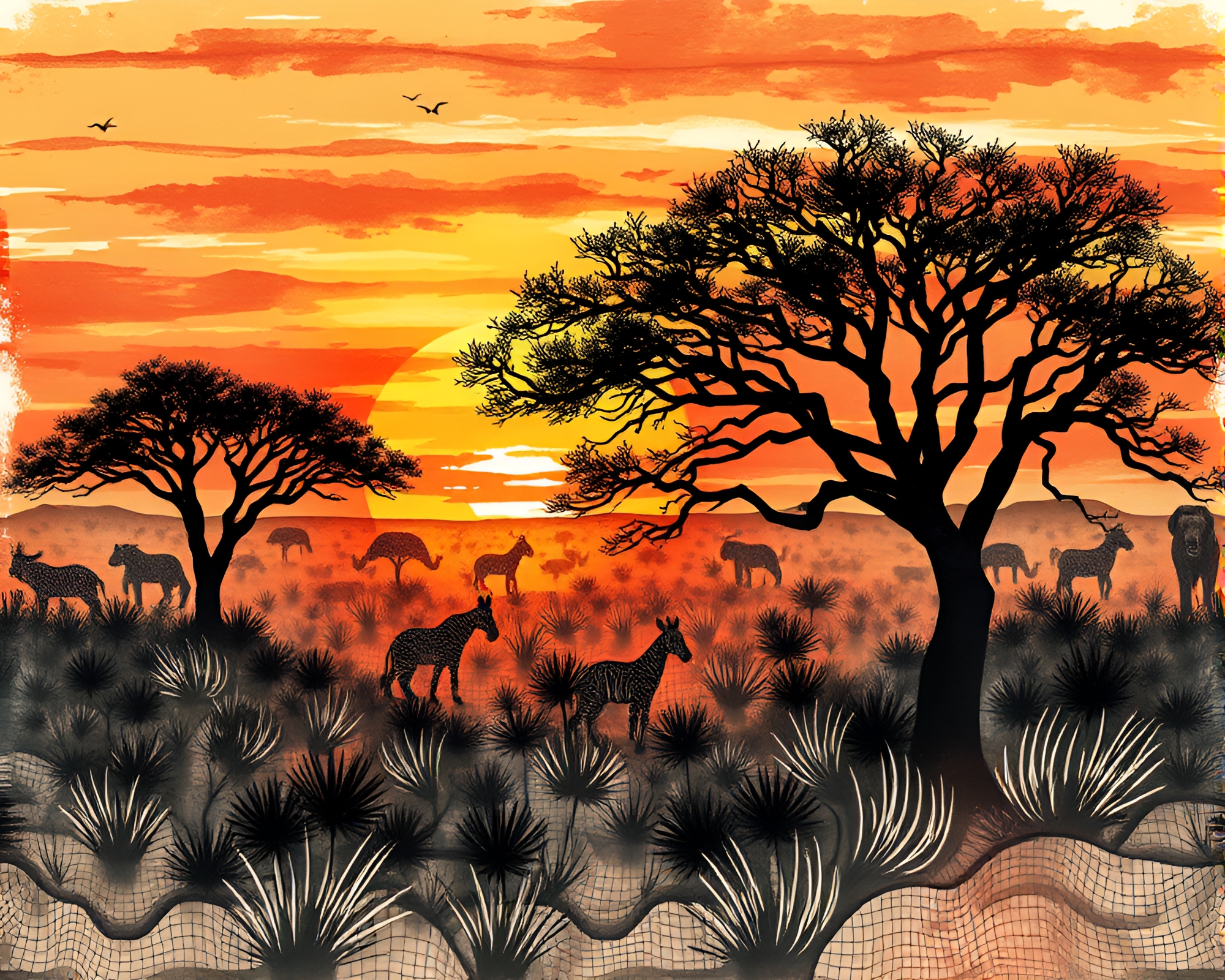 Savanna Sunset: Triadic Harmony in Sumi-e – free AI stock image
