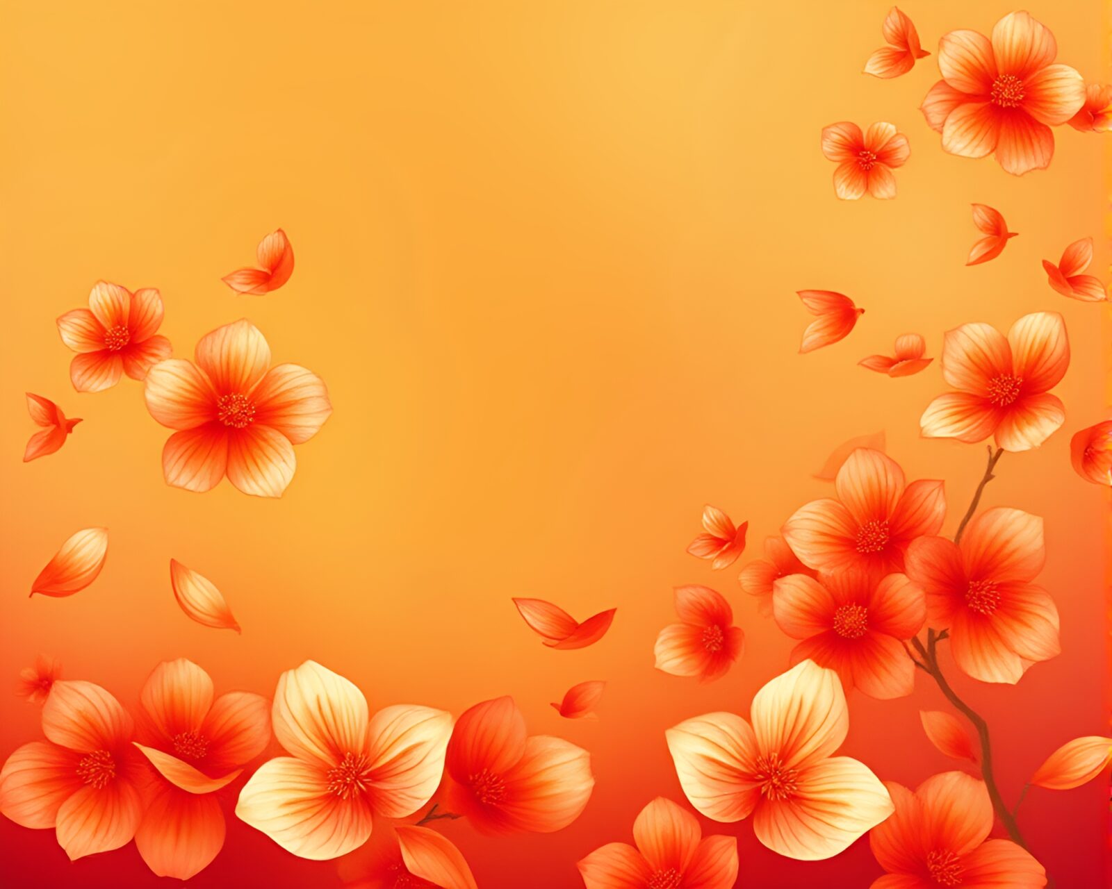 A beautiful mixture of flower petals on a silk kimono under a sunset-orange gradient sky