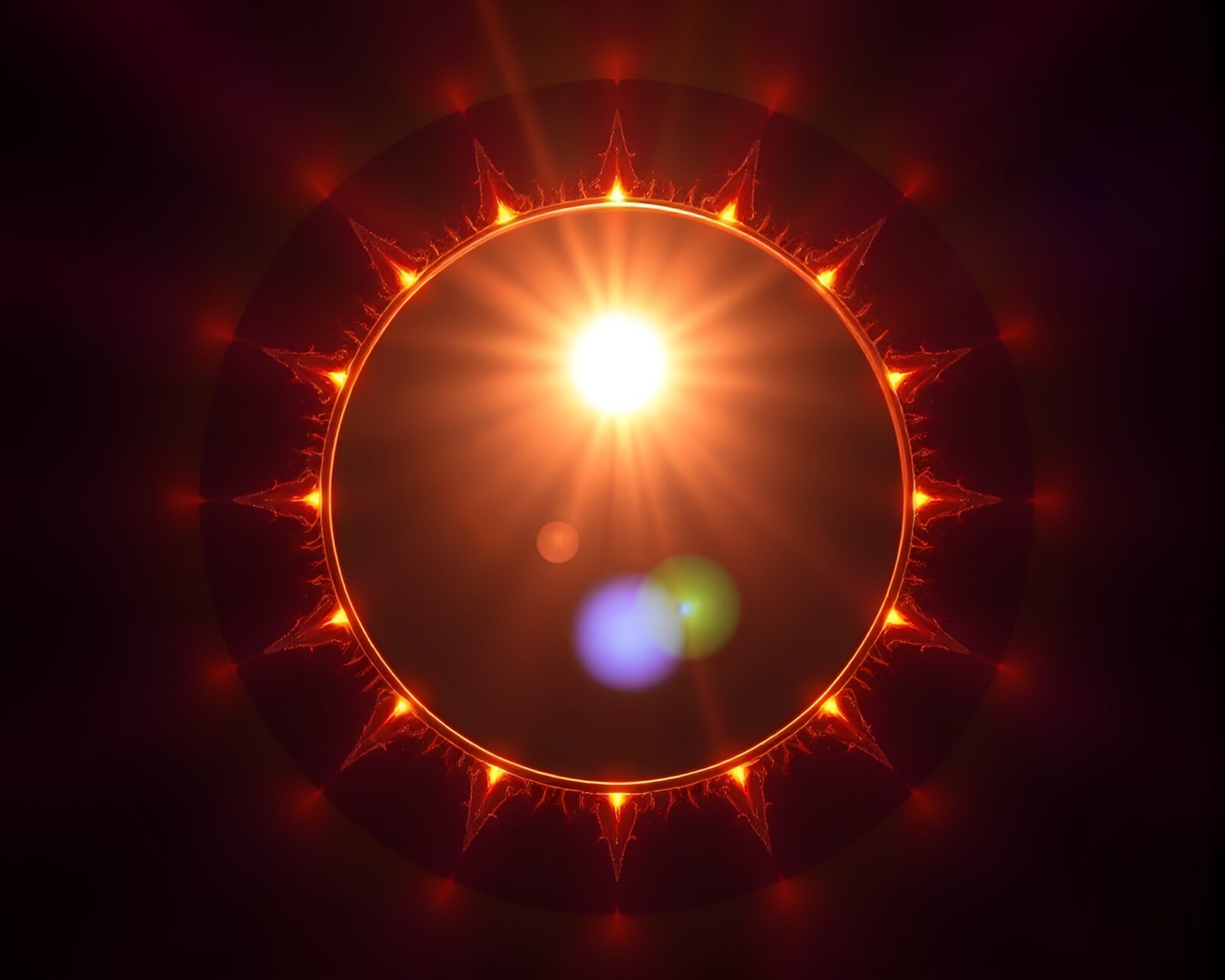 Circular framed shield radiating with solar flare glow