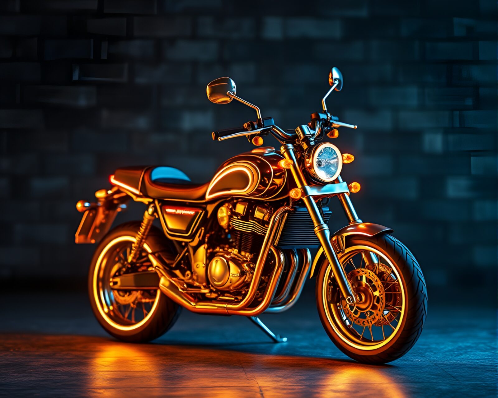 Shiny stereograph of a motorcycle glow with neon lights and gold accents