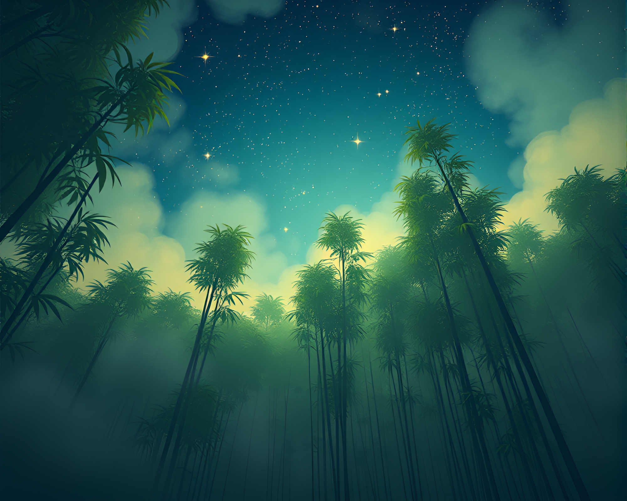 Steampunk Bamboo Grove Under Starlit Sky – free AI stock image