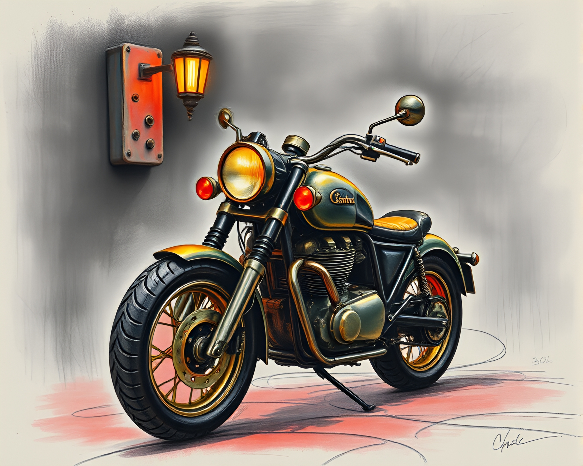 Bronze Patina Neon Motorcycle in Dungeon Torchlight – free AI stock image
