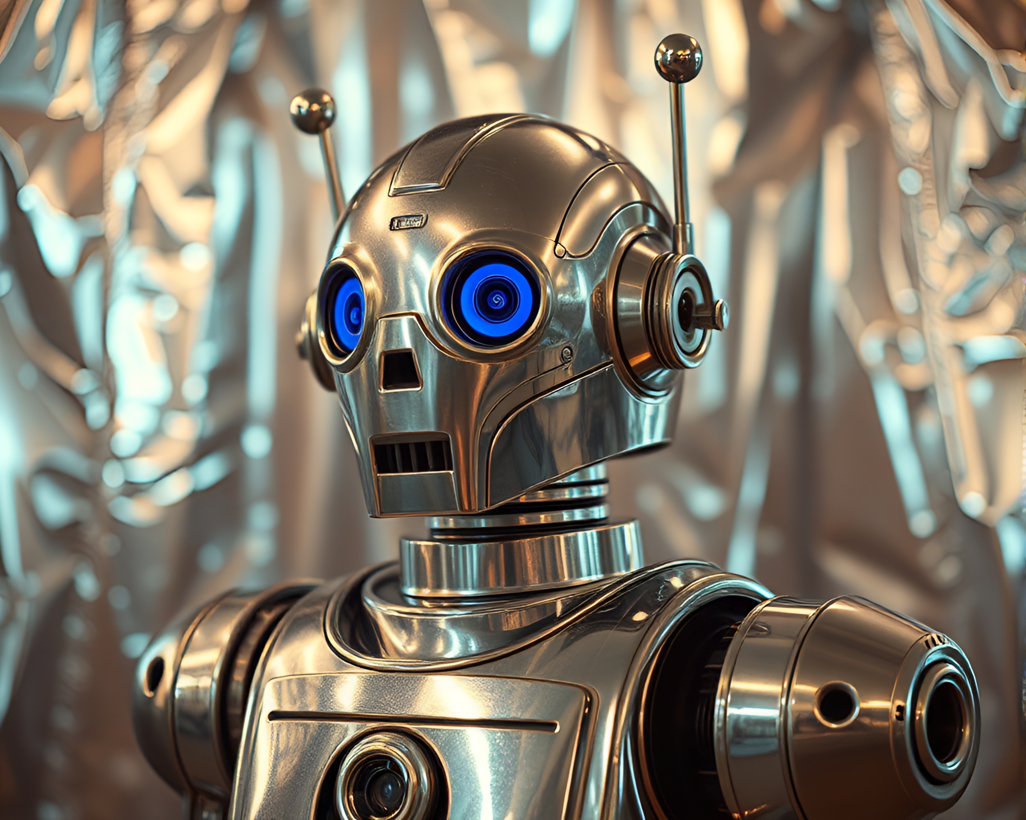 Retrowave Robot with Silver Leaf Accents – free AI stock image
