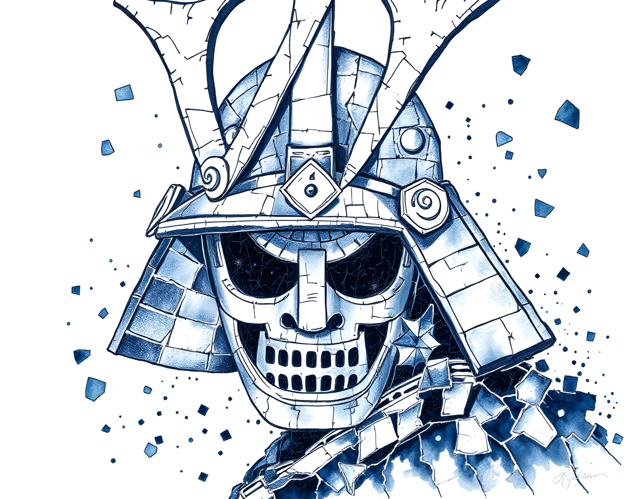 Ethereal Samurai in Broken Blue Mosaic Ink Wash – free AI stock image