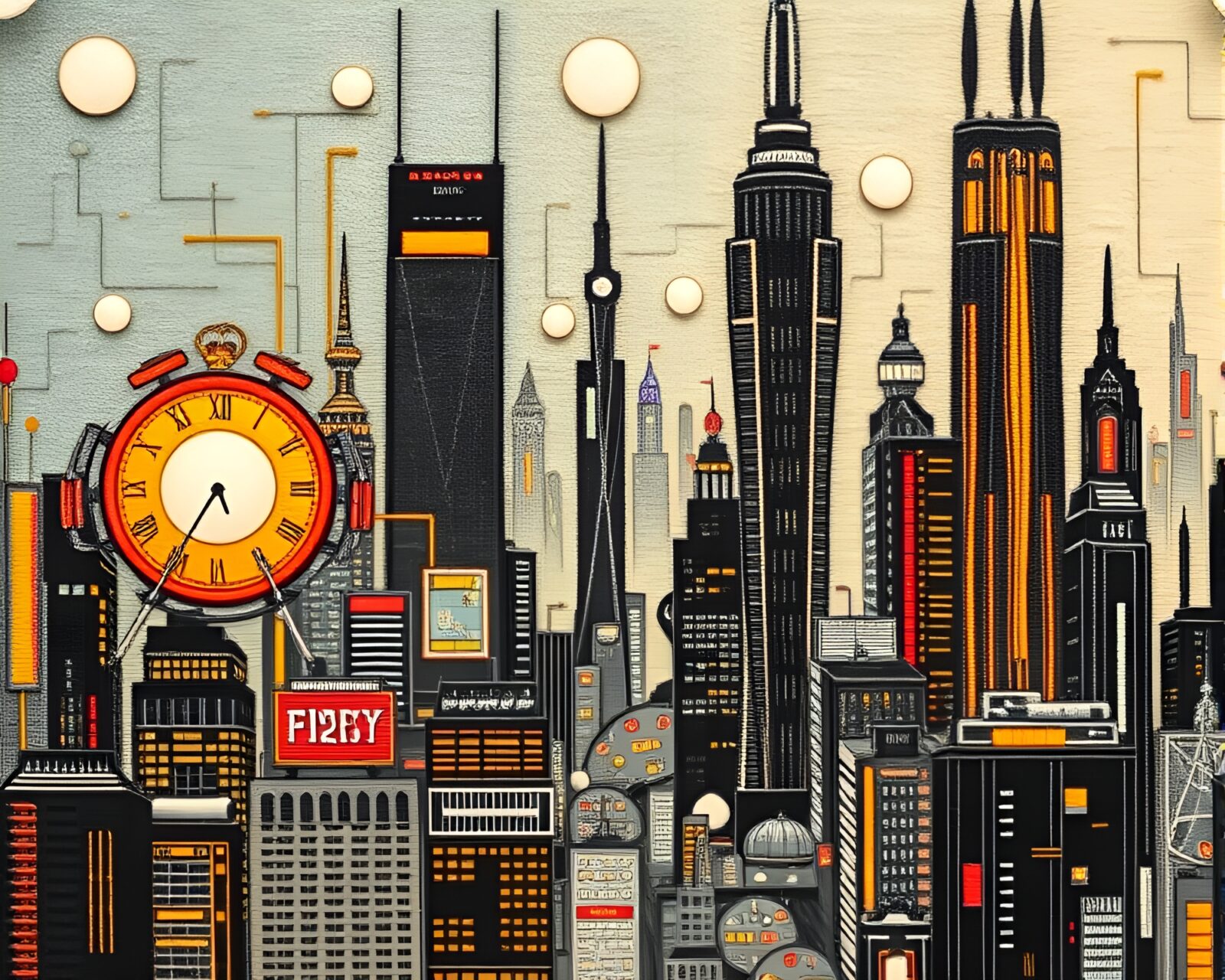 Futuristic cityscape with intricate embroidered details and vibrant colors