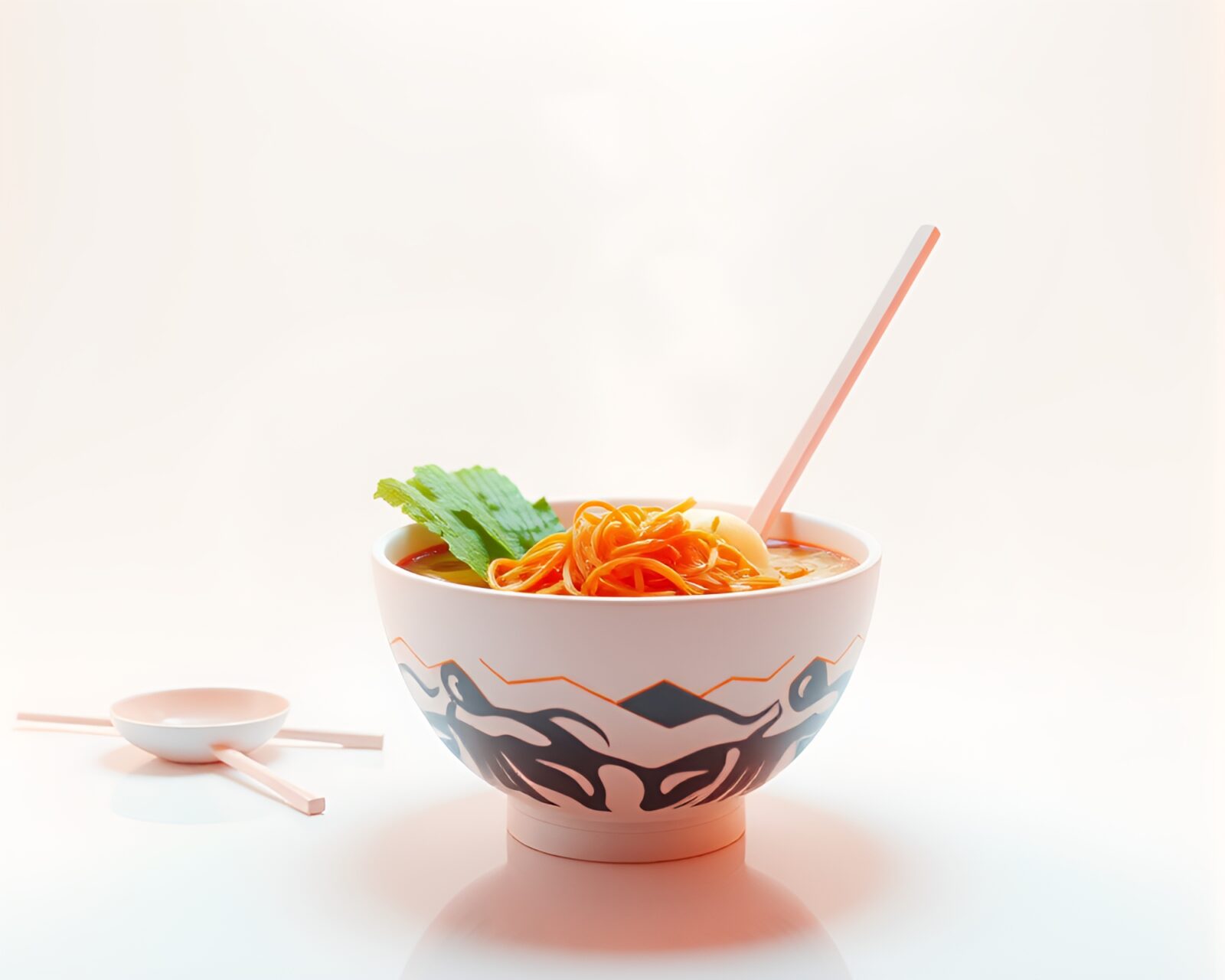 Low-poly ramen bowl with glitch artifacts in off-white lighting