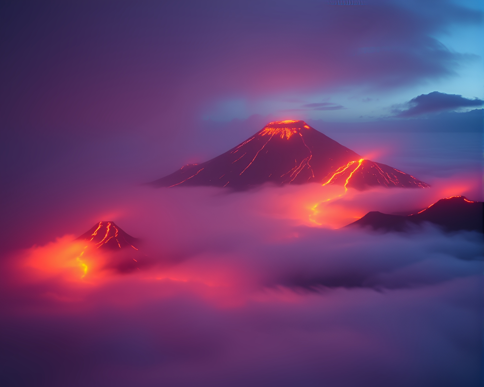 Volcanic Island Carnival Lights Thrive in a Surreal Mist – free AI stock image