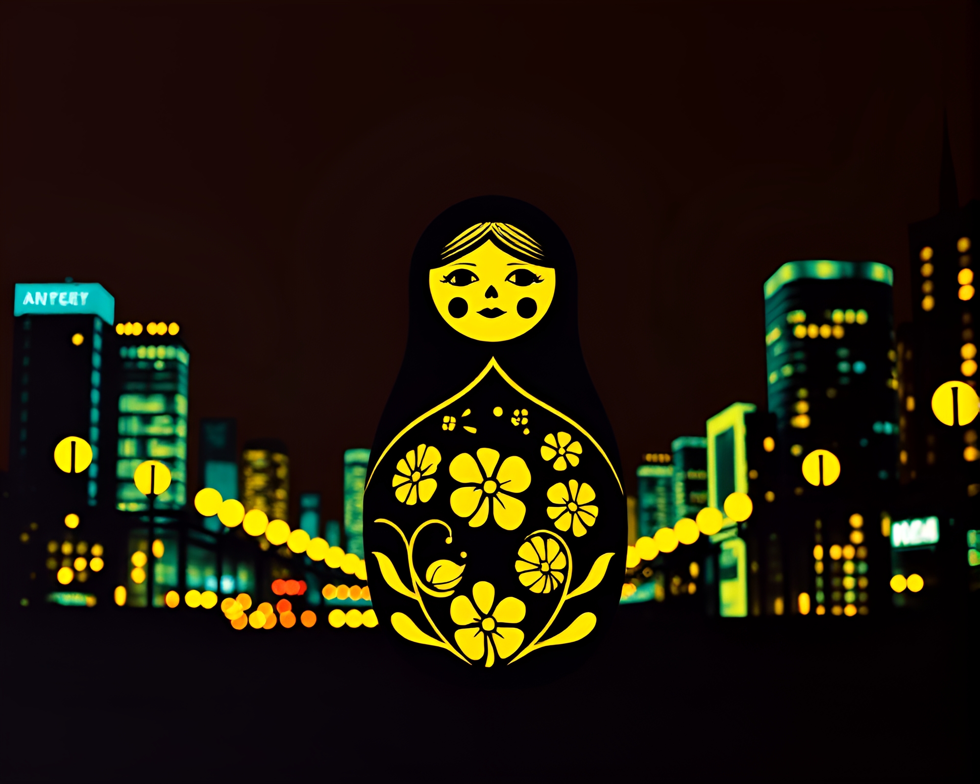 Night City Matryoshka Off-Center Stencil Art – free AI stock image