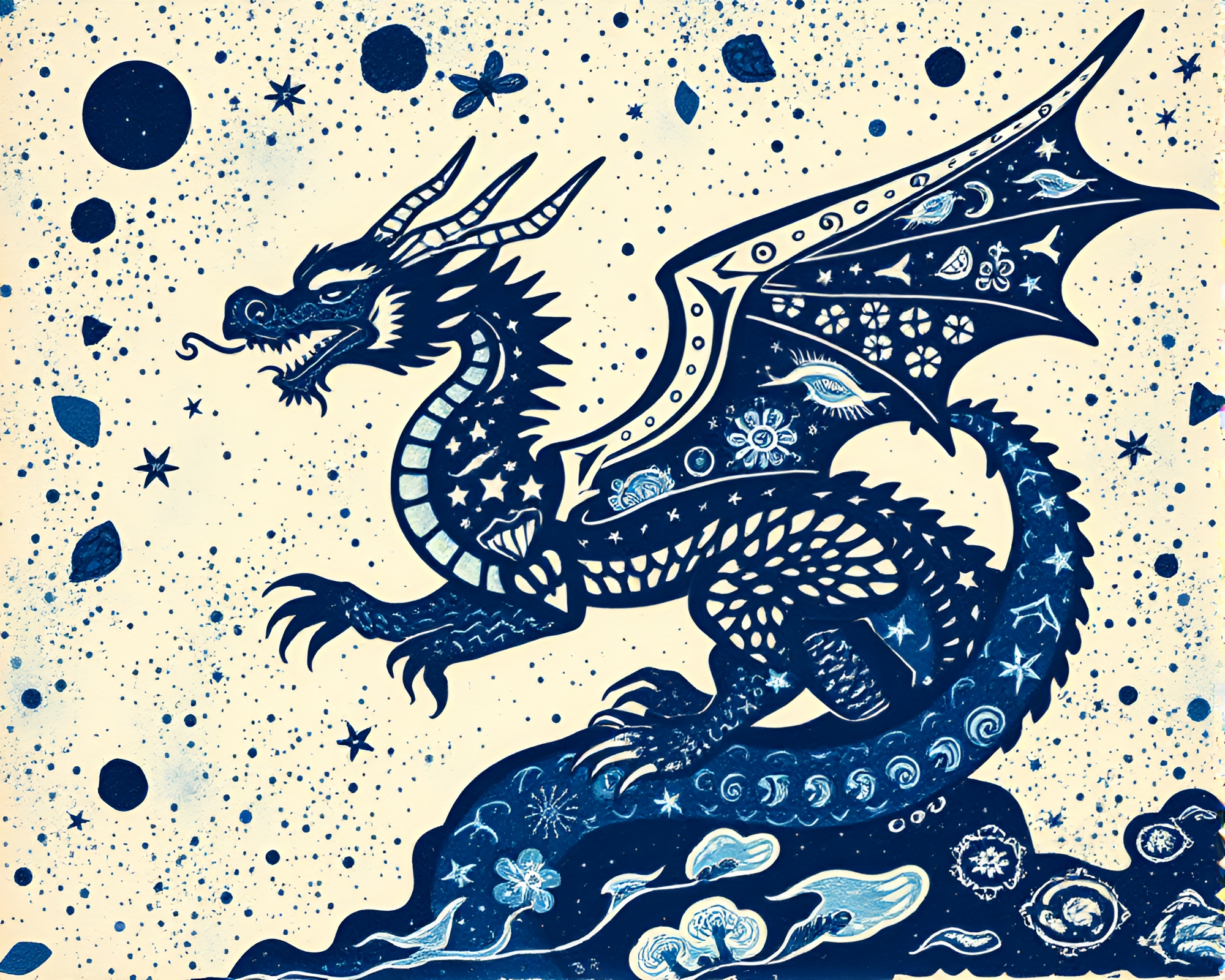 Celestial Dragon in Cobalt Blue Linocut Collage – free AI stock image